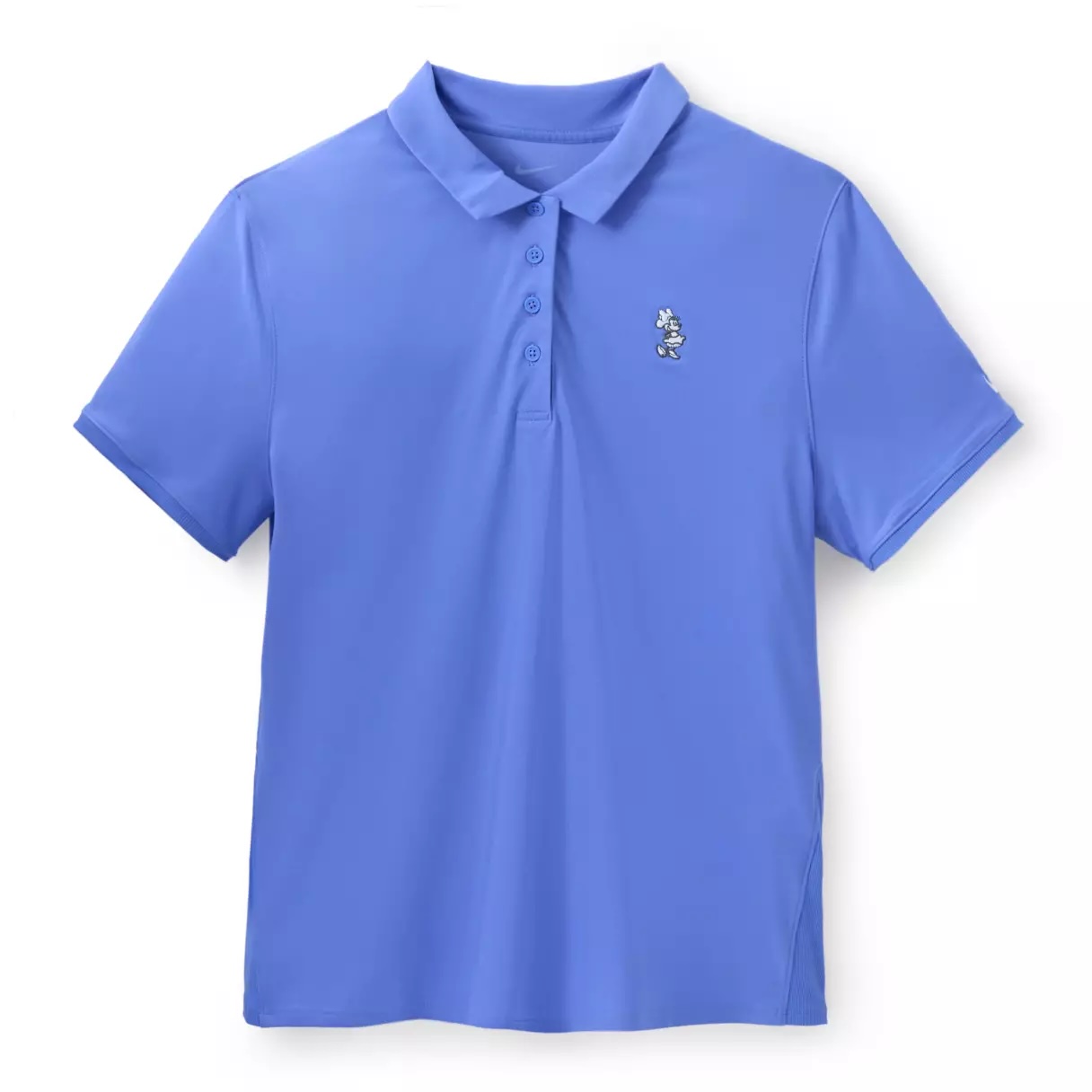 This polo is solid blue. It's made of polyester and spandex with Dri-FIT technology. It has a fold-over collar and four-button placket. A rubberized Nike swoosh is on the sleeve. Hem vents are on the sides. A black and white embroidered Minnie is on the left chest.