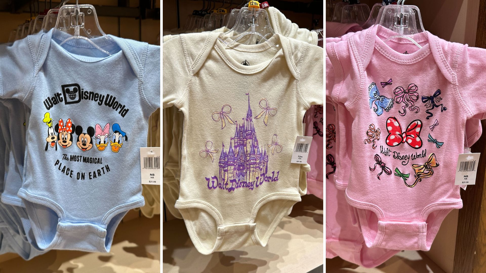 Mickey & Friends, Cinderella Castle, and Bows Baby Onesies at Walt Disney World