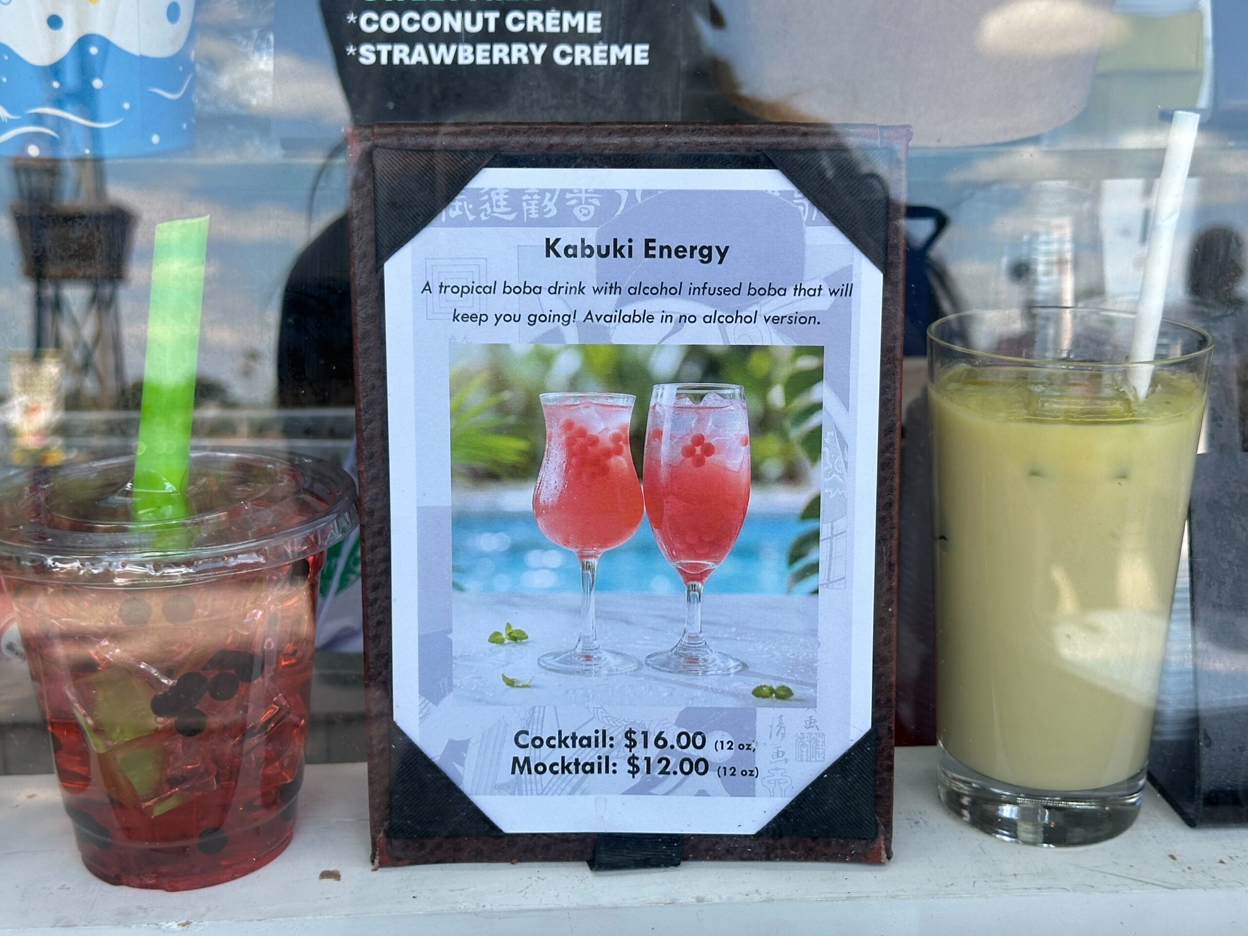 Kabuki Energy drink sign at the Kabuki Cafe. It shows a picture of the drink along with a description and prices.
