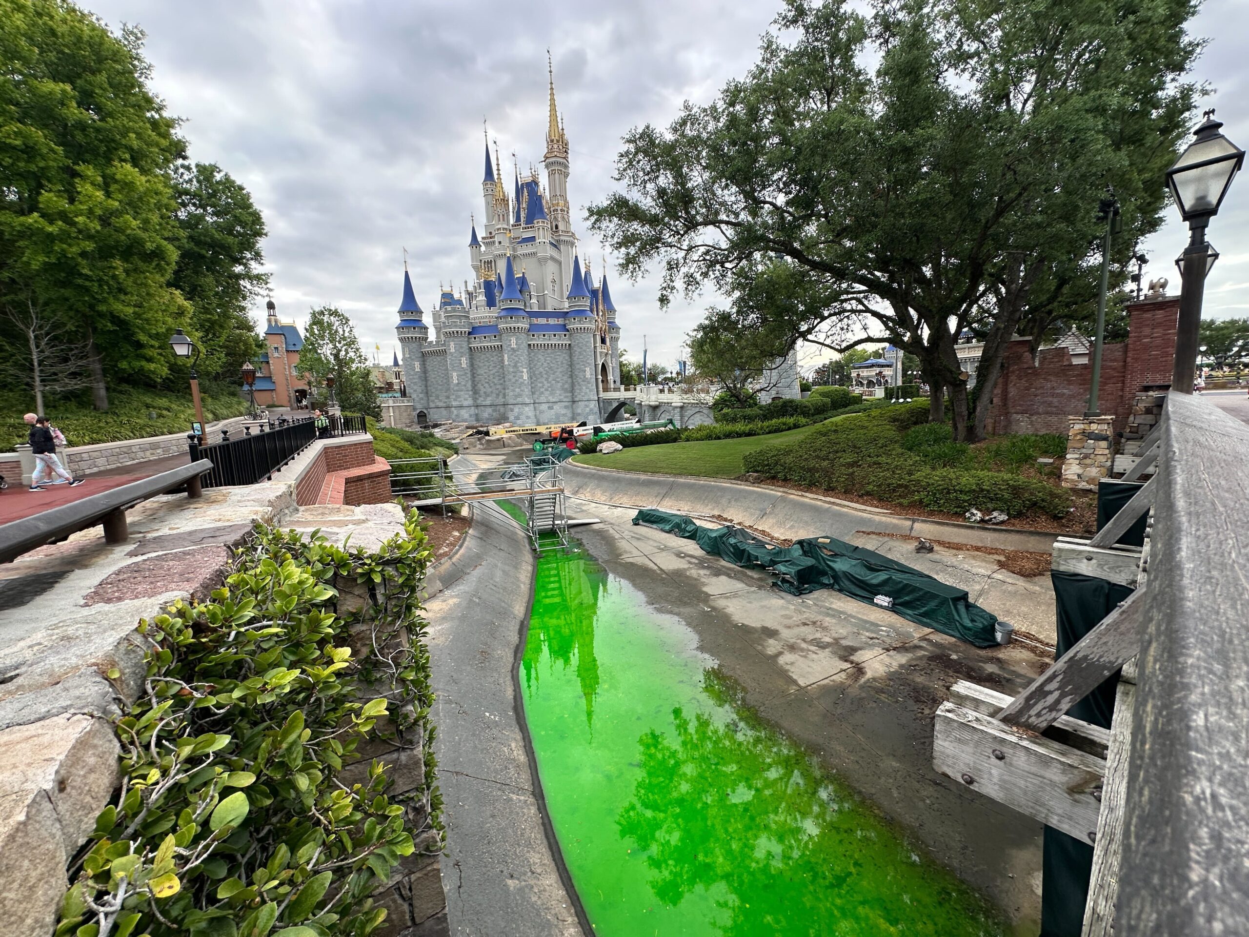 Lime Green Water in Cinderella Castle Moat, Gold Trim on Tallest Tower Painted