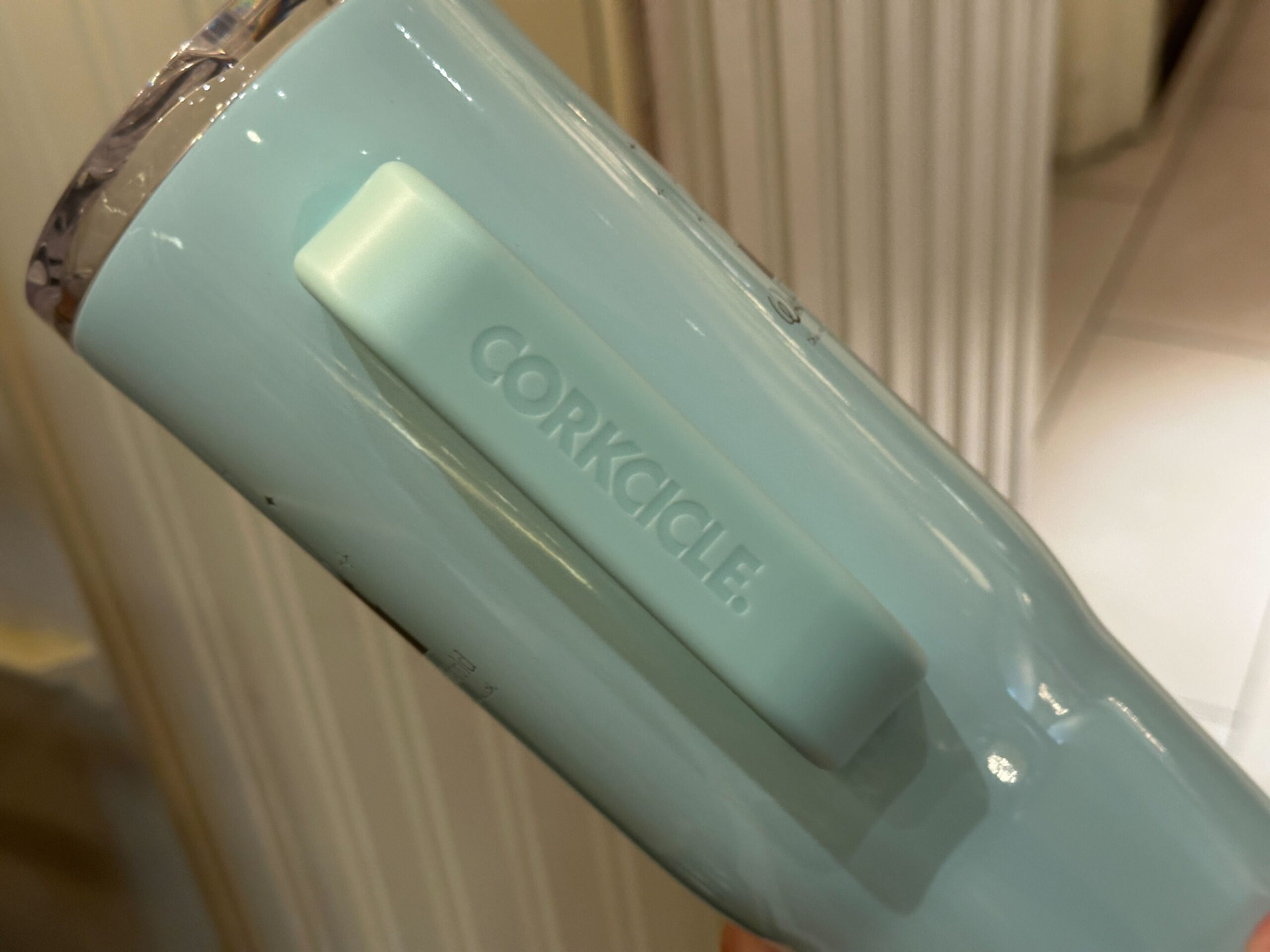 Handle of Corkcicle Aqua Walt Disney World Tumbler.