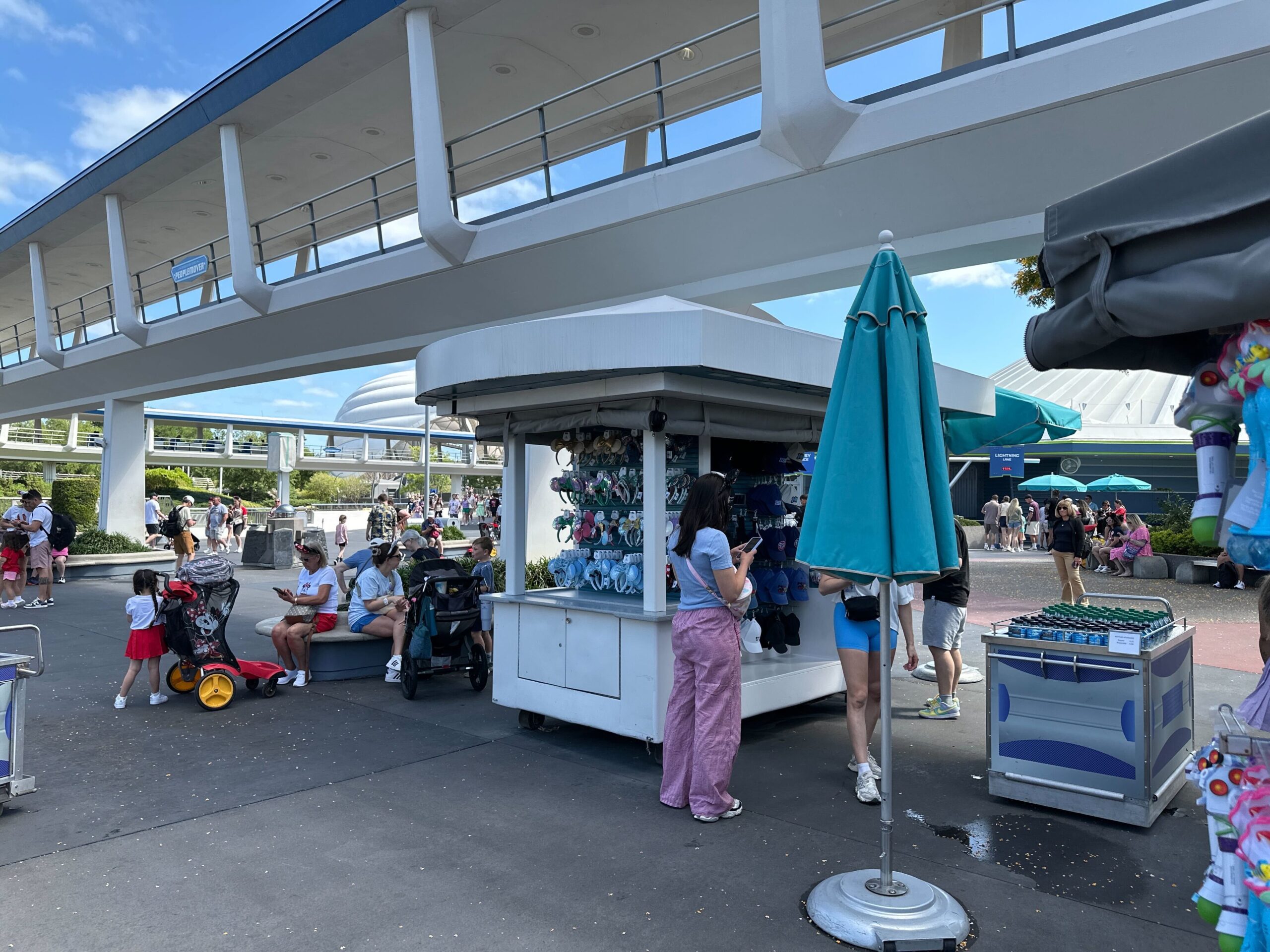 Tomorrowland kiosk at Walt Disney World's Magic Kingdom.