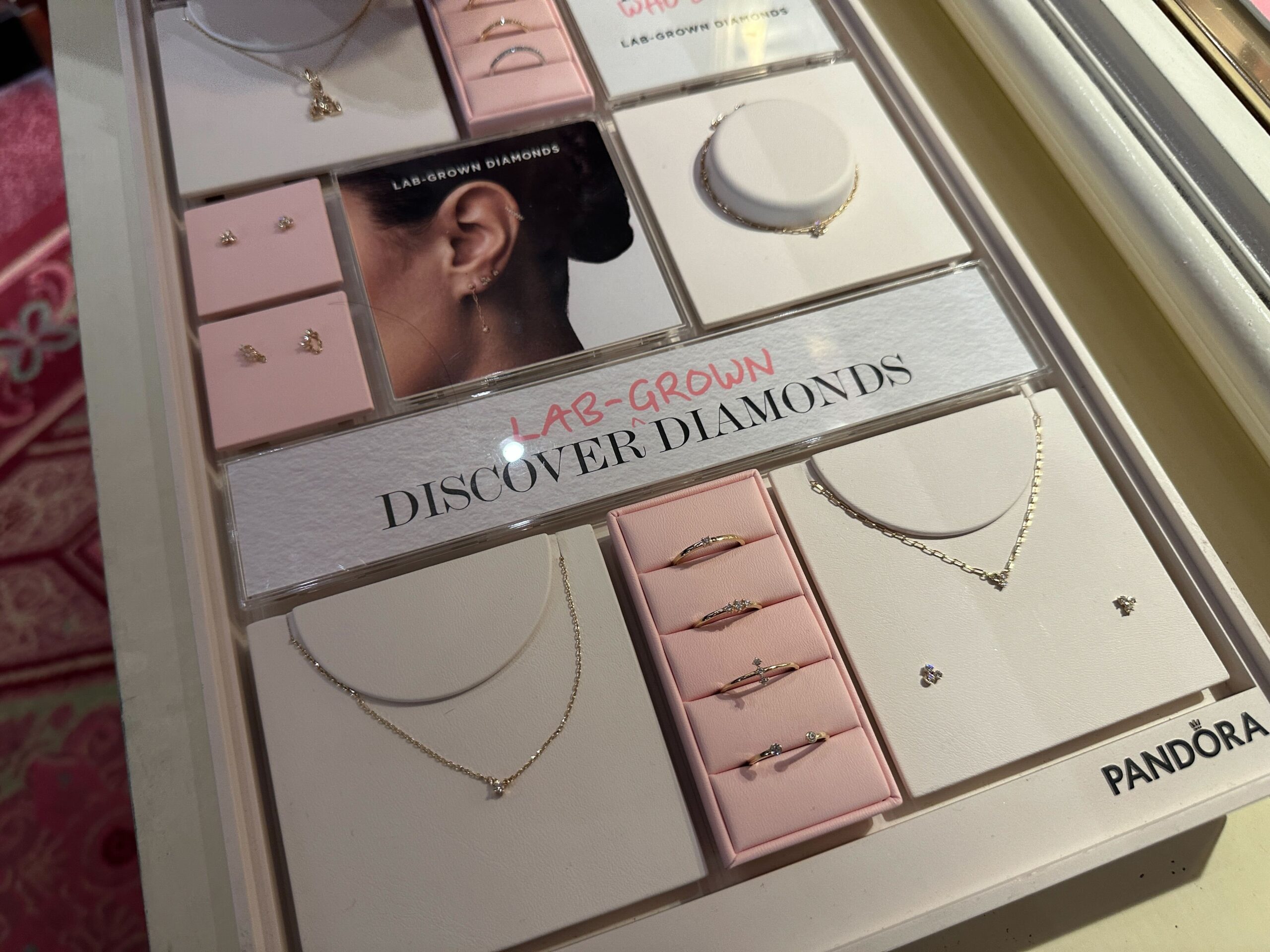 Other Pandora lab-grown diamond jewelry available for purchase, including necklaces, rings, and earrings.