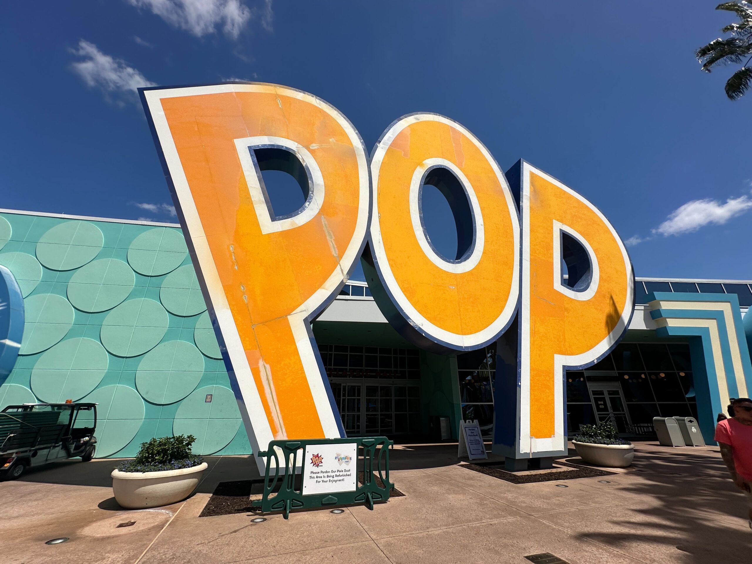 Crews have started a refurbishment of the giant "POP" sign outside Classic Hall at Disney's Pop Century Resort.