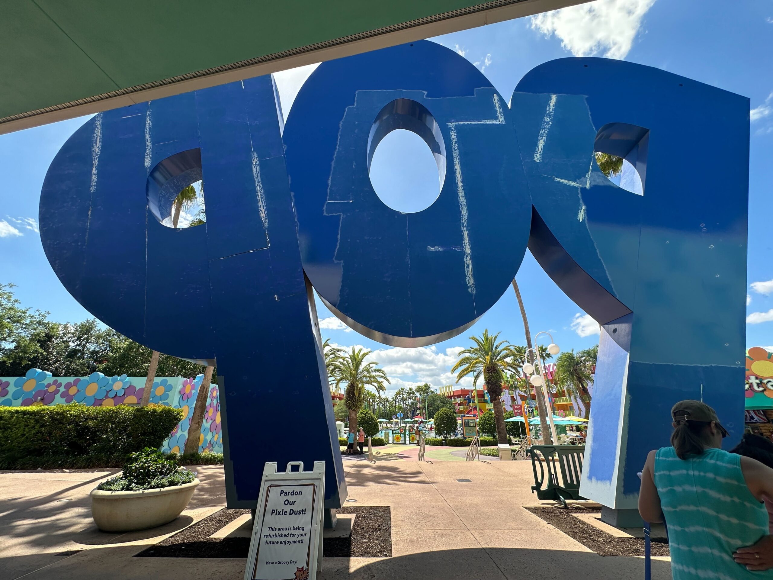 Crews have started a refurbishment of the giant "POP" sign outside Classic Hall at Disney's Pop Century Resort.