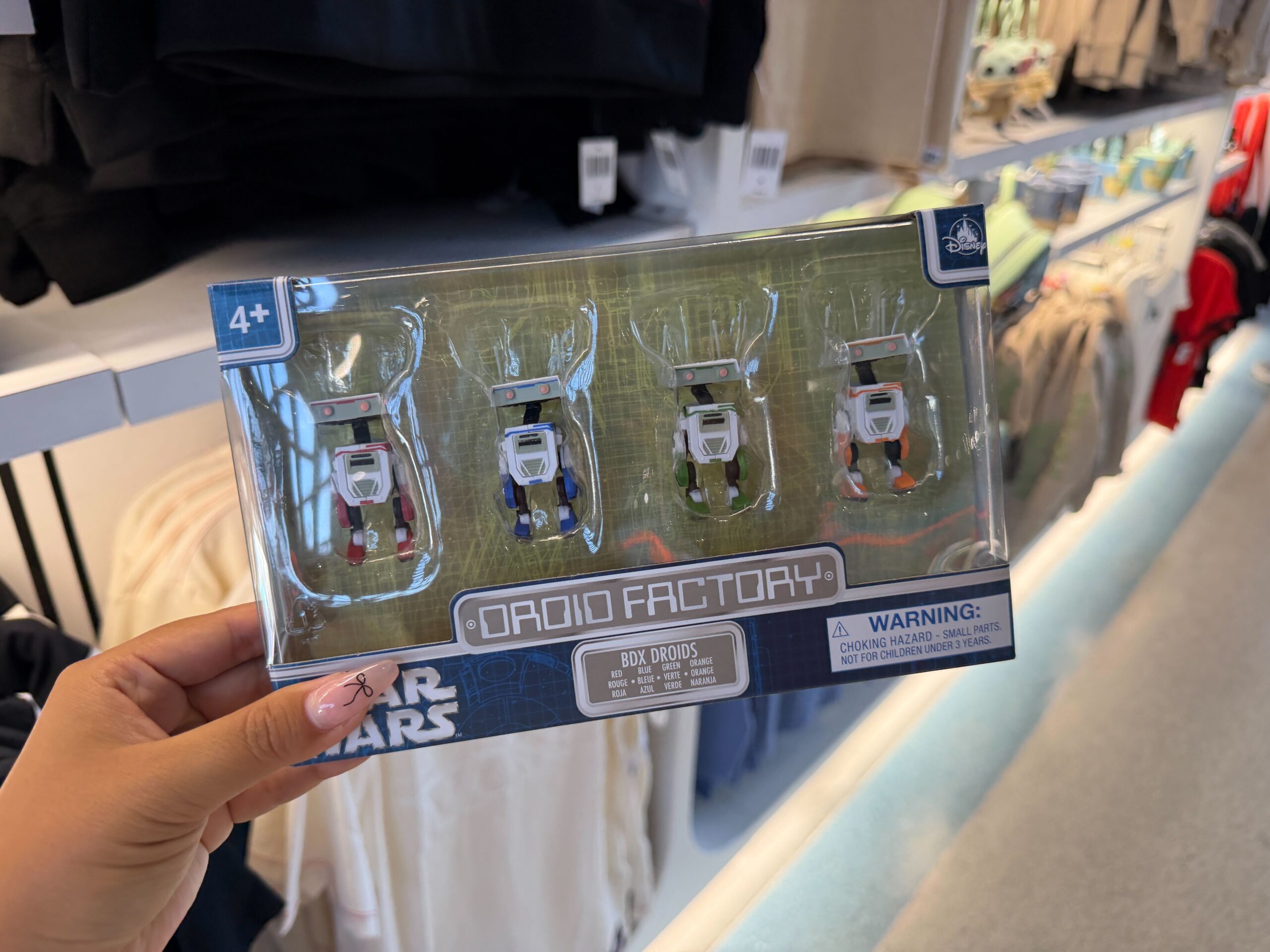 Take home your own versions of the famous BDX droids. These Droid Factory figures are recommended for ages 4+. There are four droids in red, blue, green, and orange.