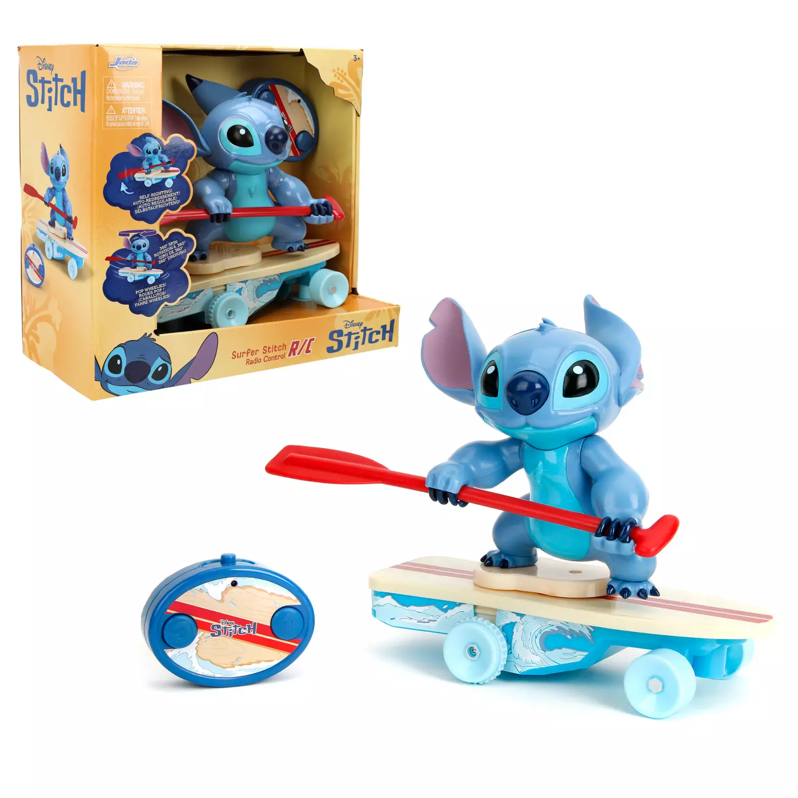 You cn also purchase a remote controlled surfboard with Stitch perched on top. This vehicle can do a 360 degree spin and other tricks including moving forward, in reverse, and more. If Stitch falls over in transit, he can even right himself back on the board. The remote needs 2 AAA batteries and the vehicle needs 4 AA batteries, neither of which are included.