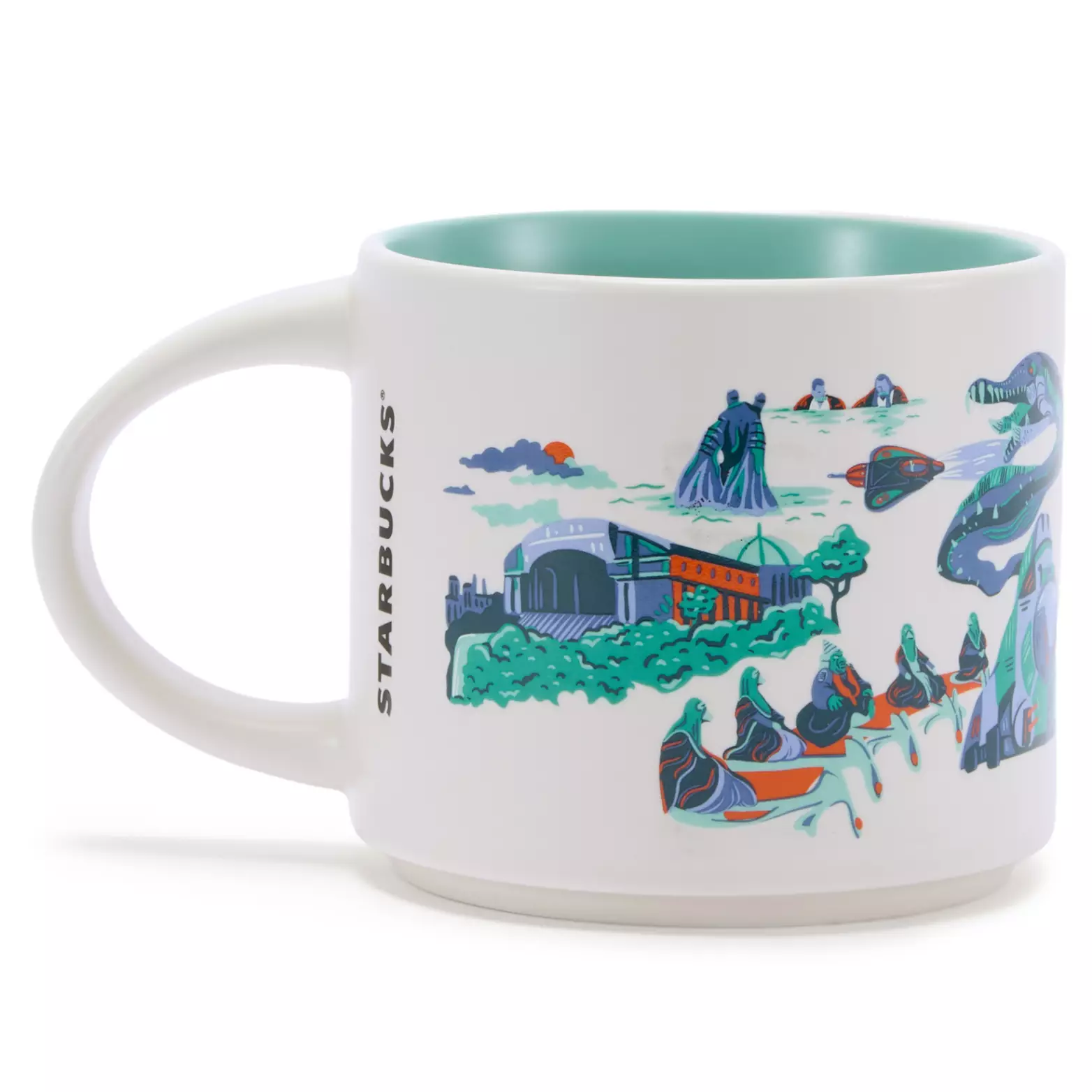 The Naboo mug's design features a blue, aqua, and red color scheme. Queen Amidala is pictured in her famous red robe and headdress next to "Naboo" text. The famous fight between Obi-Wan Kenobi, Qui-Gon Jinn, and Darth Maul is above the text. A larger image of Maul is also on one side.