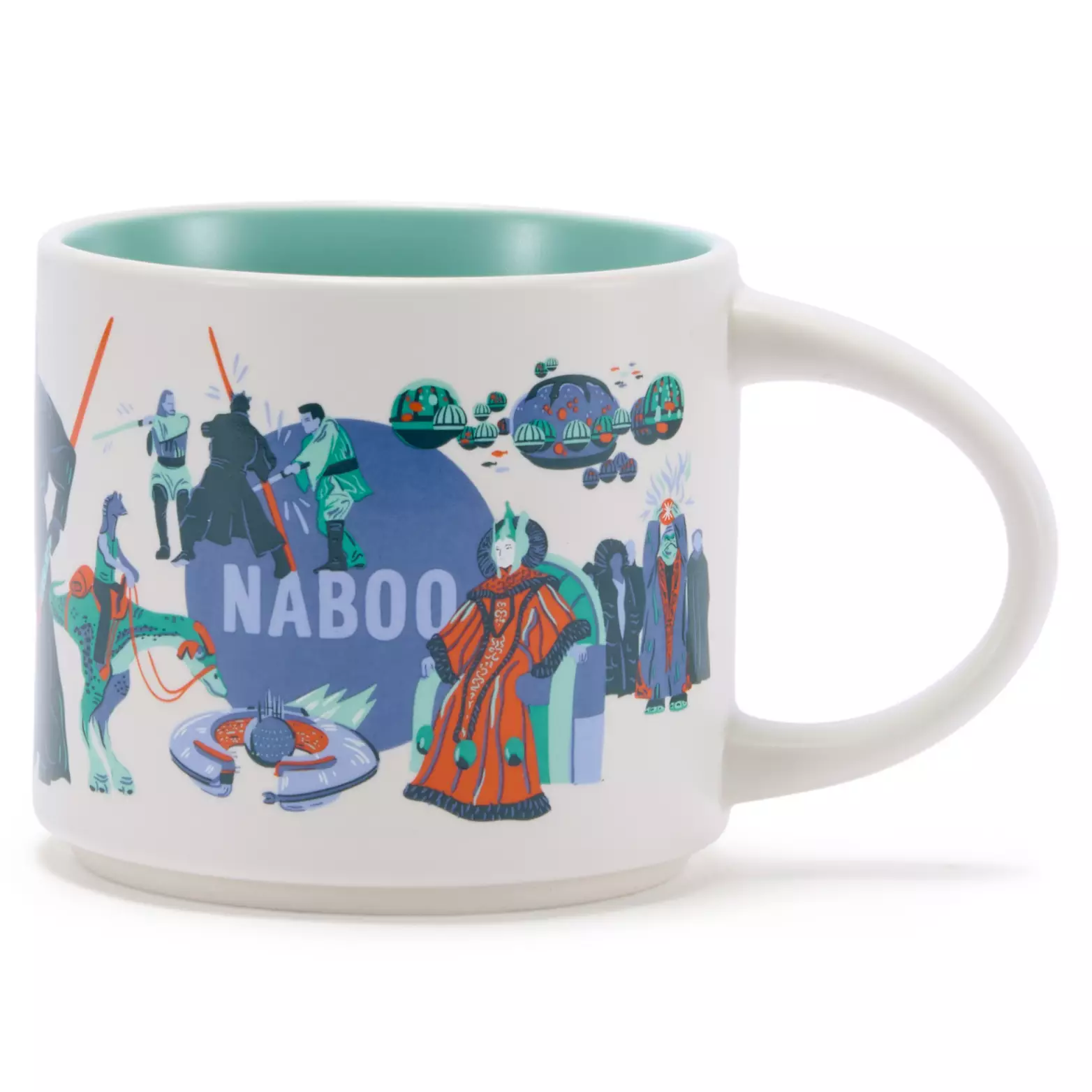 The Naboo mug's design features a blue, aqua, and red color scheme. Queen Amidala is pictured in her famous red robe and headdress next to "Naboo" text. The famous fight between Obi-Wan Kenobi, Qui-Gon Jinn, and Darth Maul is above the text. A larger image of Maul is also on one side.