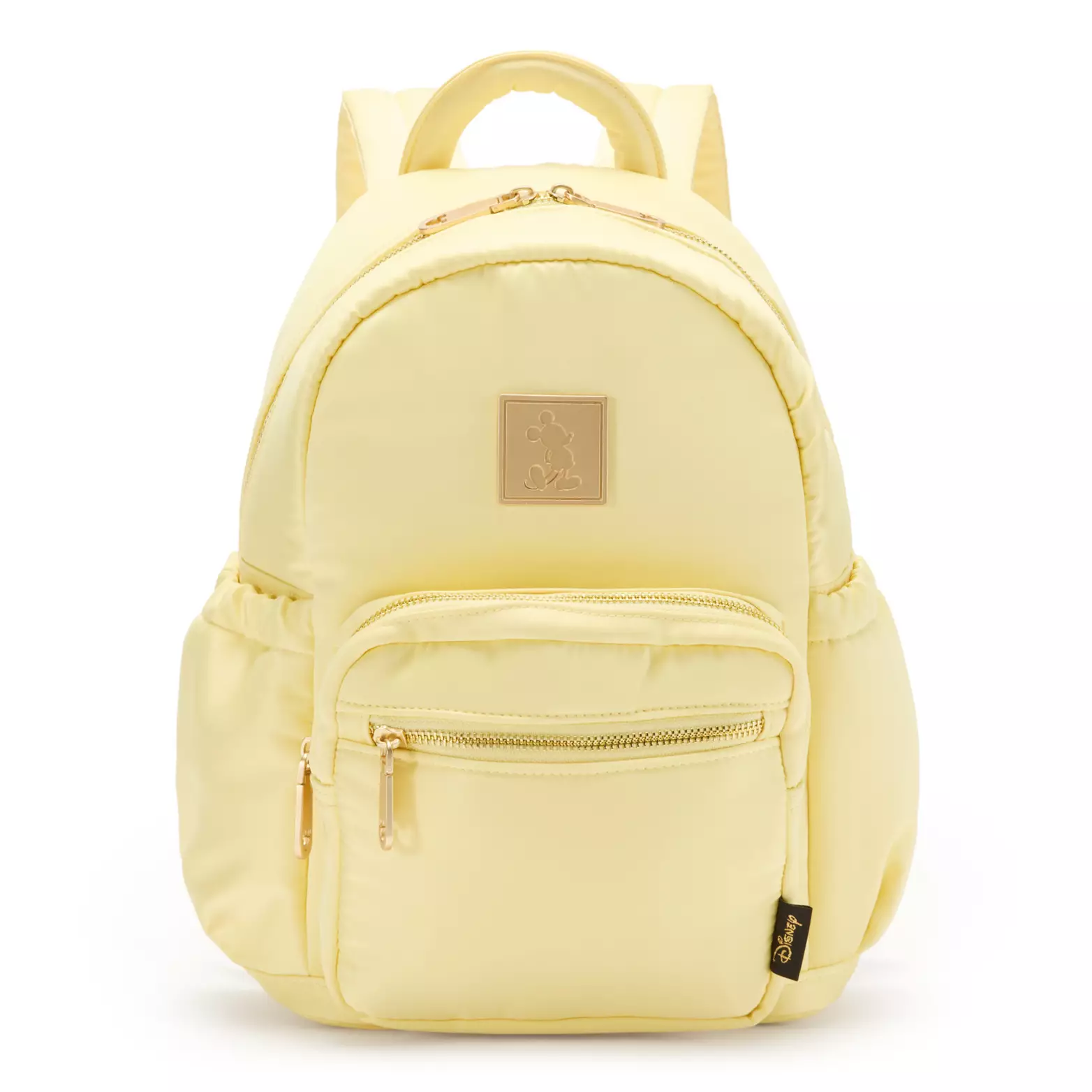 Lastly, this soft satin backpack is also a jubilant yellow. It has an elastic pocket on either side, a front-facing pouch, a middle pocket, and a large back pocket. A gold Mickey emblem is on the front of the largest pocket. All of the pockets have gold-toned zippers and pulls.