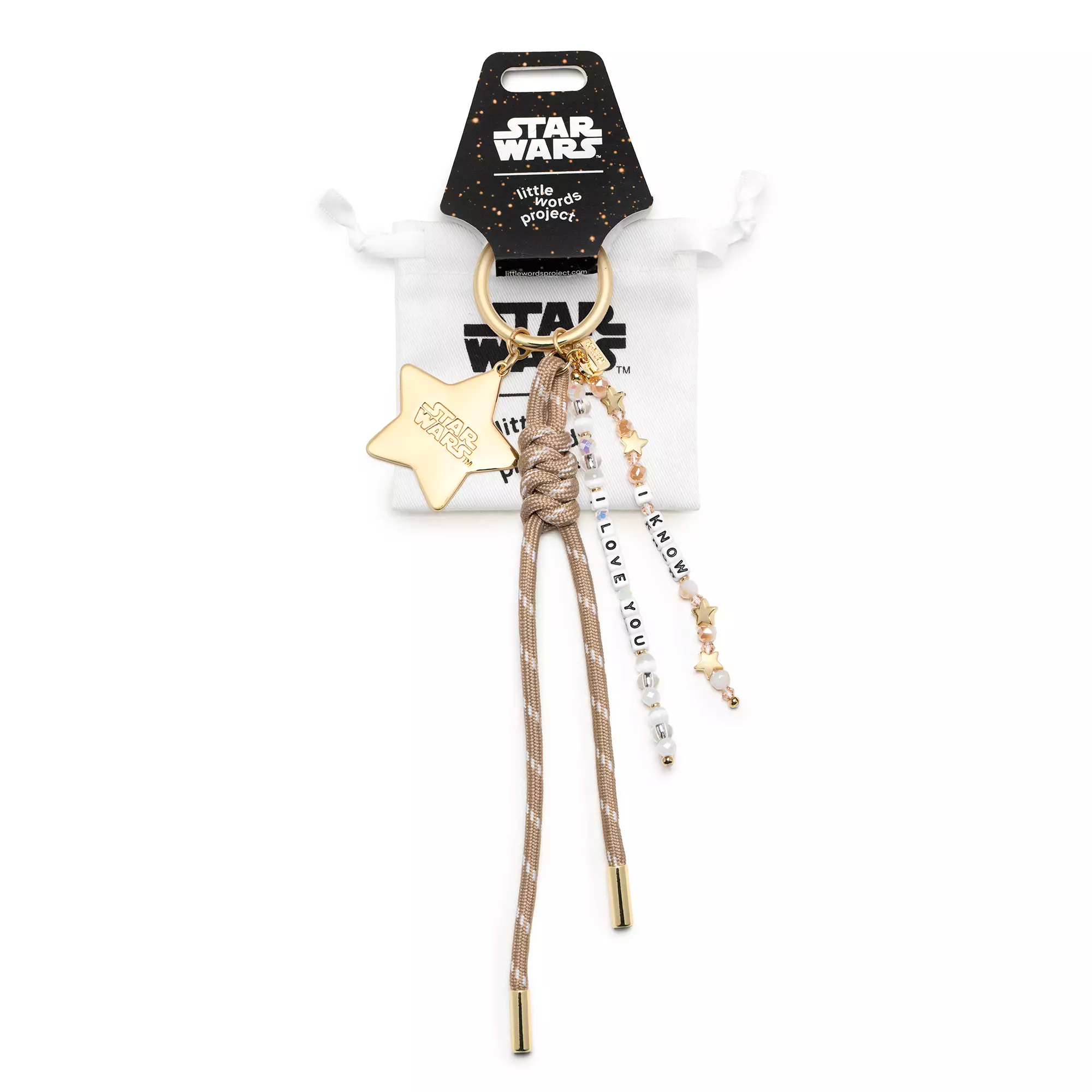 This bag charm has two sets of lettered bead threads. One says, "I love you," and the other says, "I know." There is also a gold star charm with the Star Wars logo and a braided bronze colored cord.