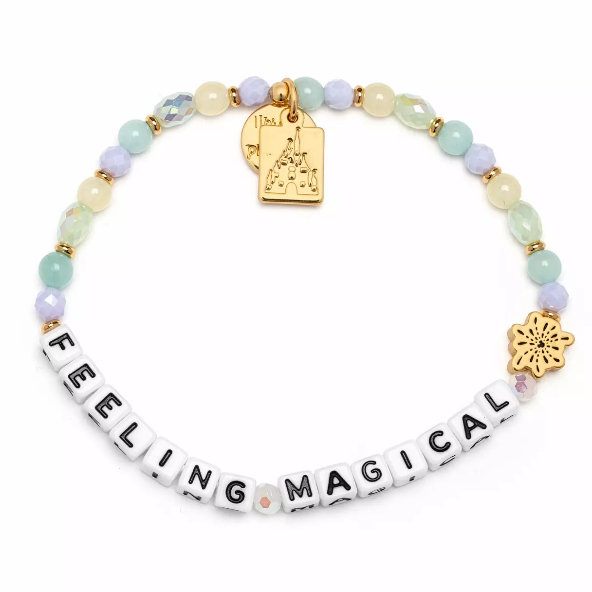 "Feeling Magical" is spelled out in the center of this bracelet, which otherwise comprises teal, gold, purple, and iridescent beads. A gold bead of fireworks and a hanging charm of the Fantasyland Castle are also on the bracelet.