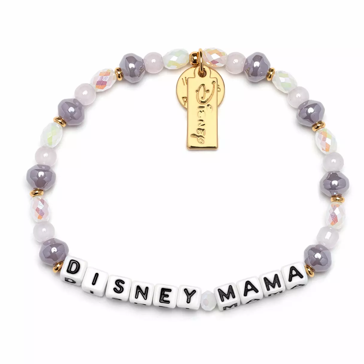 ‘Disney Mama’ is printed in black lettering on white blocks, while the rest of the bracelet is made with muted clear, gray, and blue beads.