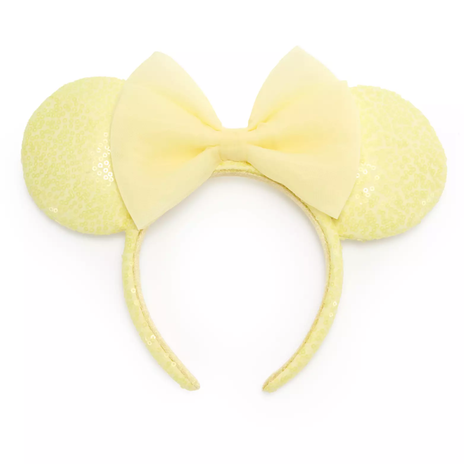 In the same shade of yellow, this ear headband is covered in sequins around both ears and the headband itself. The tulle bow is also yellow at the center of the ears.