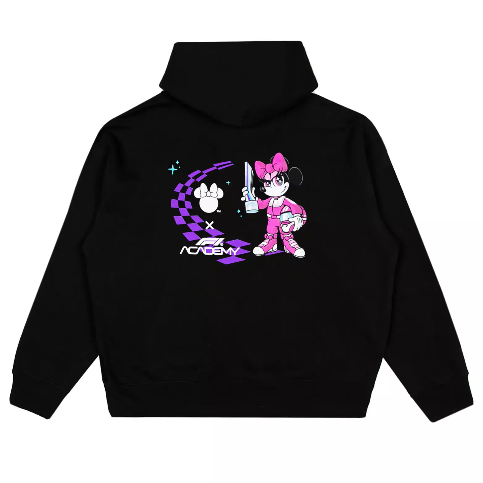 The bow and mouse-eared tire is at the center of this black pullover hoodie as well. While on the back, we see a cutesy Minnie in her racing gear holding a helmet beside the collection logo.