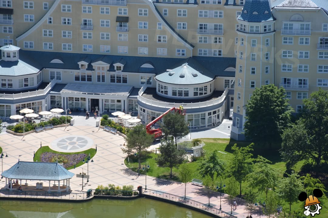 Several Disneyland Paris hotels are currently wrapped in construction equipment, tarps, scaffolding, and maintenance crews.
