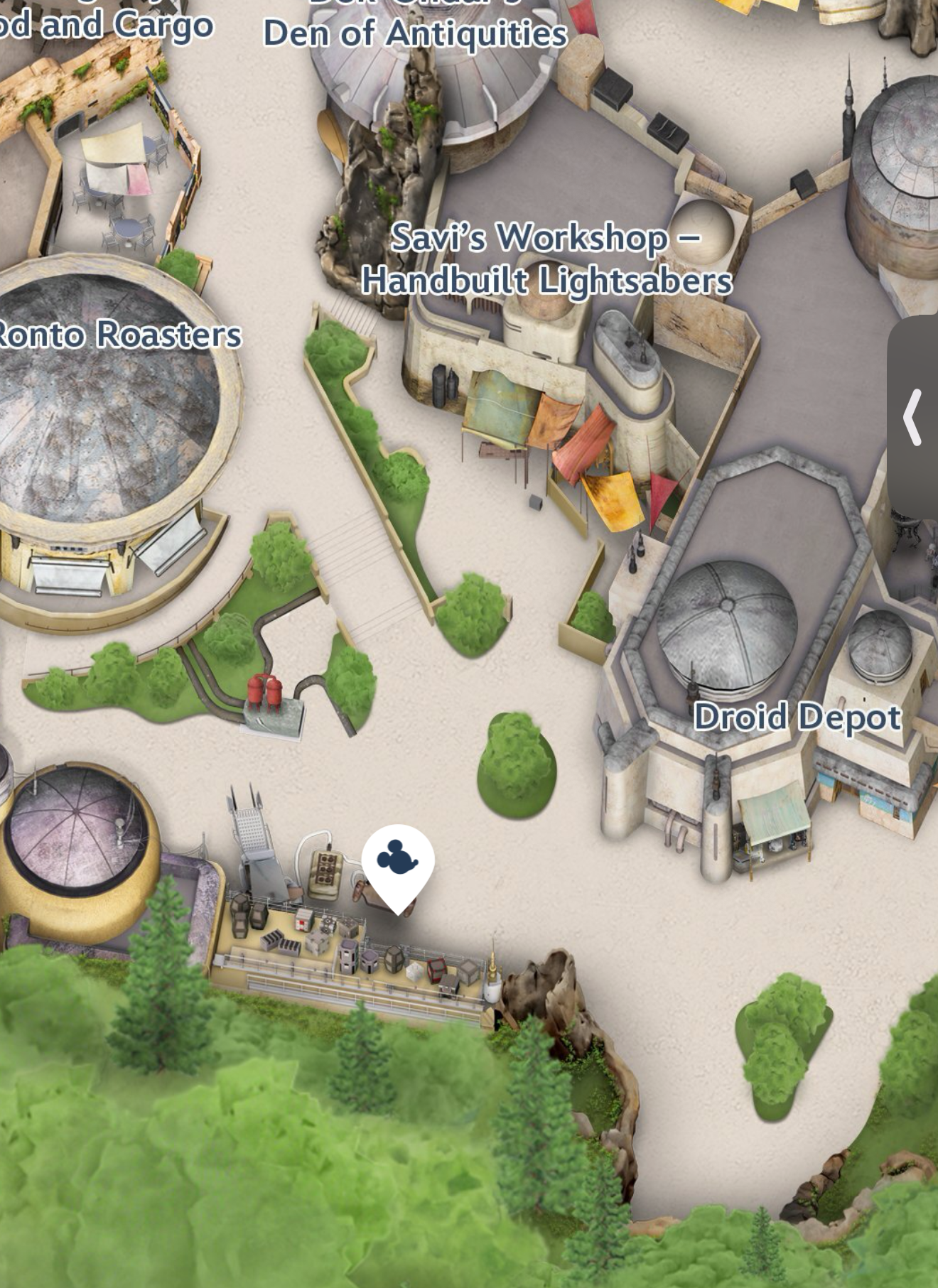 Screenshot of Disneyland app showing the BDX Droid meet and greet location.