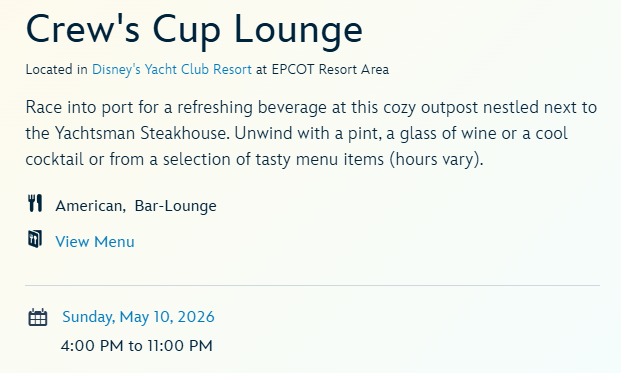 Crew's Cup Lounge at Disney's Yacht Club Resort in Walt Disney World