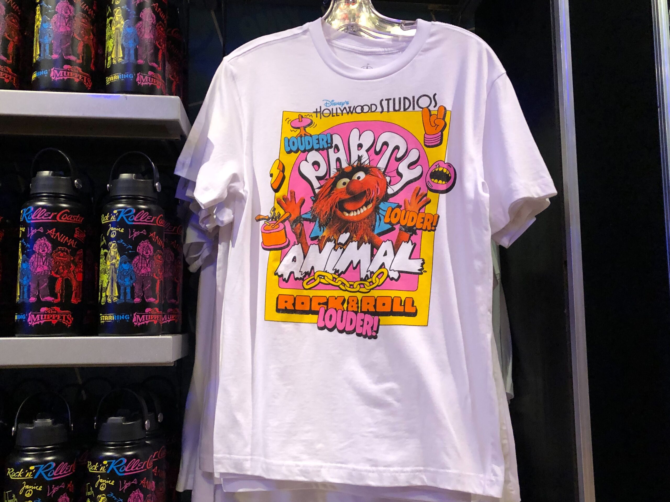 Animal is featured on a white t-shirt surrounded by the text Party Animal Rock & Roll. LOUDER!