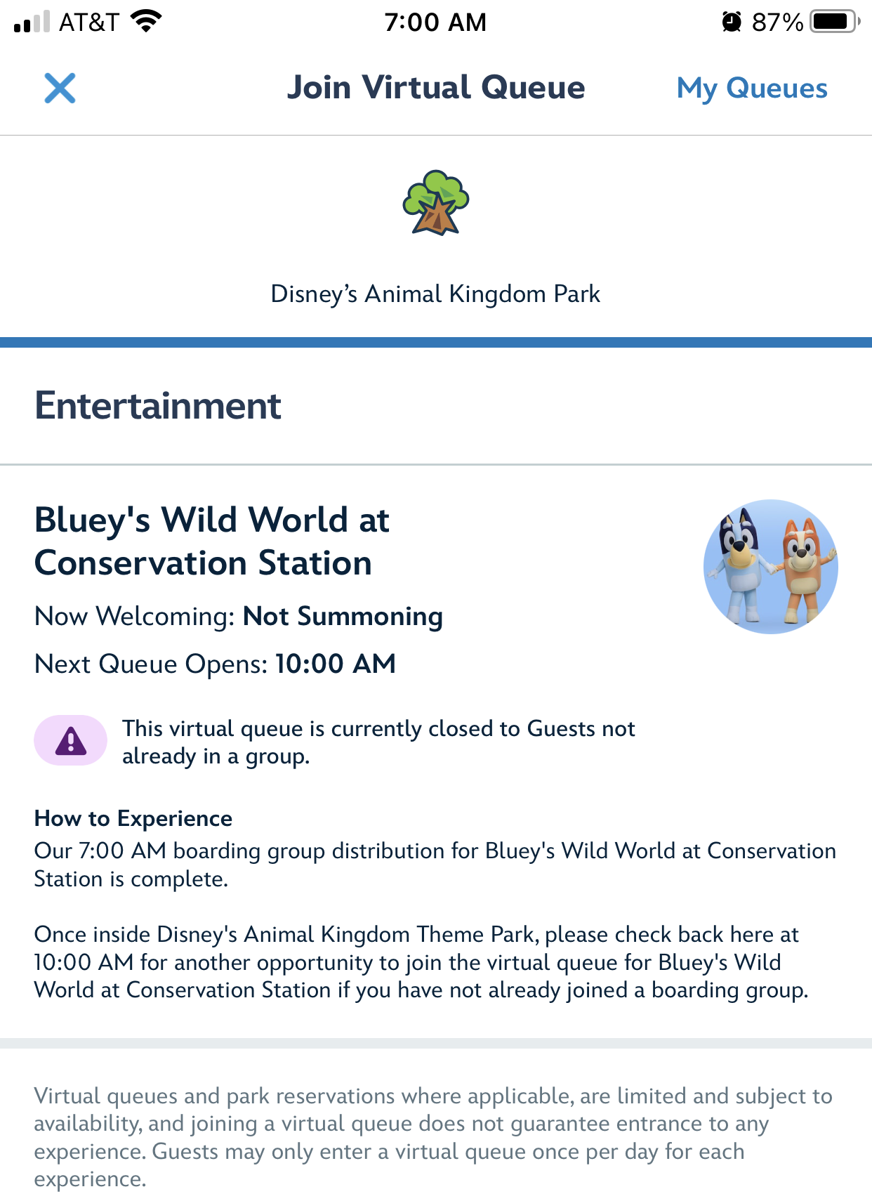 Conservation Station Virtual Queue for Bluey Fills Instantly on Second ...