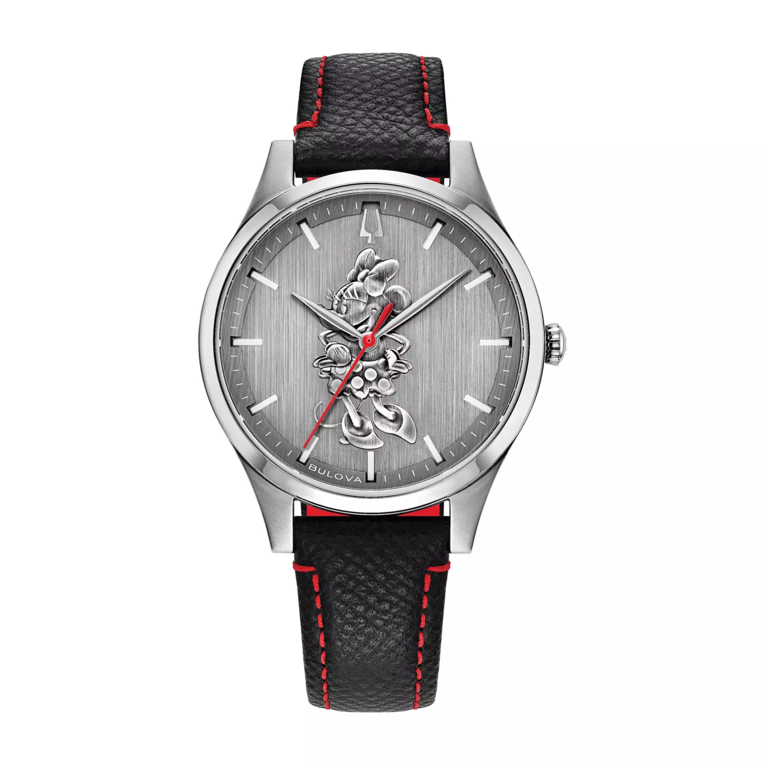 This watch with Minnie front and center is a silvertone, stainless steel timepiece. Minnie is shown in her classic polka dot skirt, heels, and bow ensemble. It is water-resistant to 30 meters, shows dashes instead of numerals, and comes in a branded Bulova box.