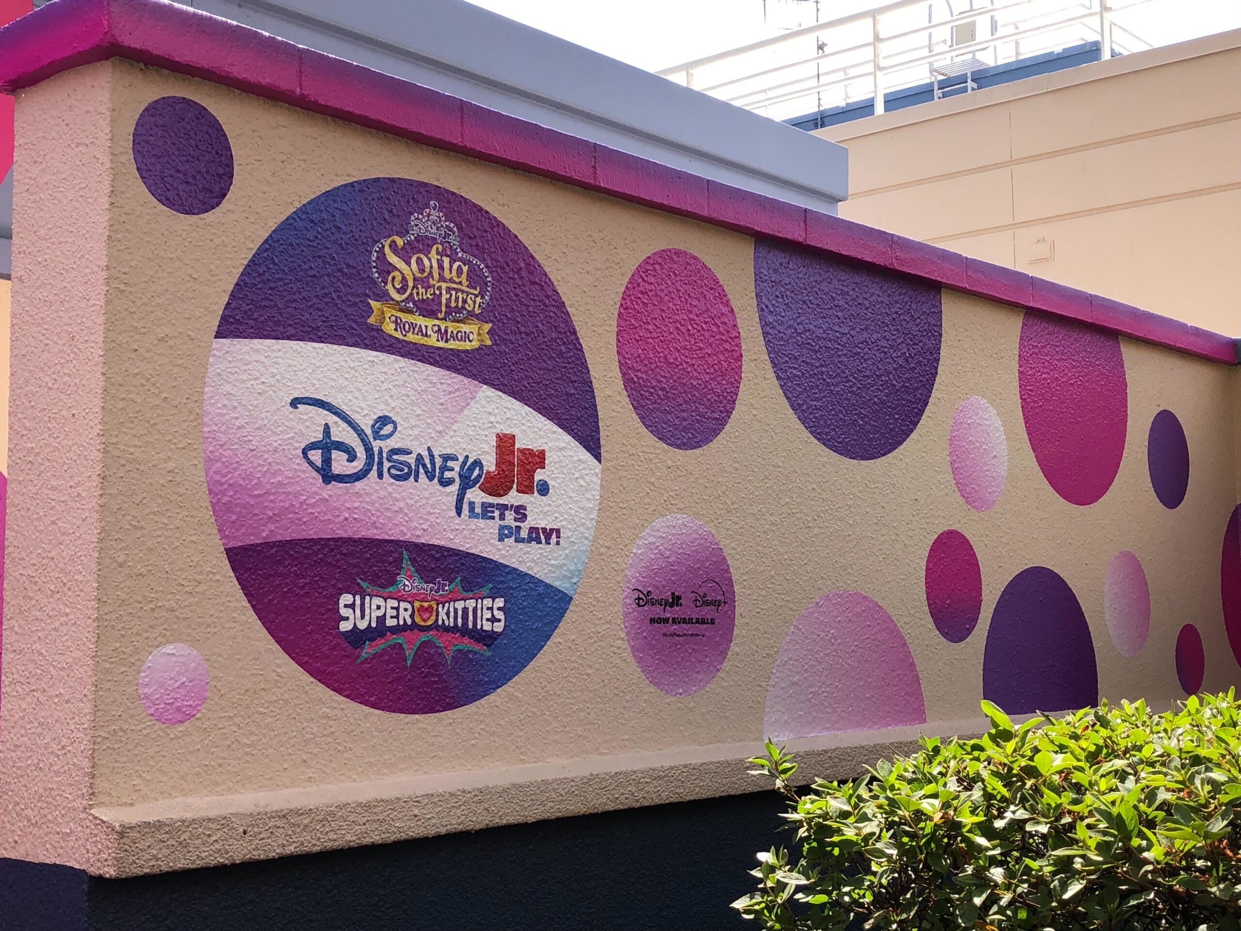 The largest bubble is divided into three sections: Sofia the First Royal Magic, Disney Jr. Let's Play!, and SuperKitties. A smaller bubble to the right says "Disney Jr.", "Disney+," and "Now Available."