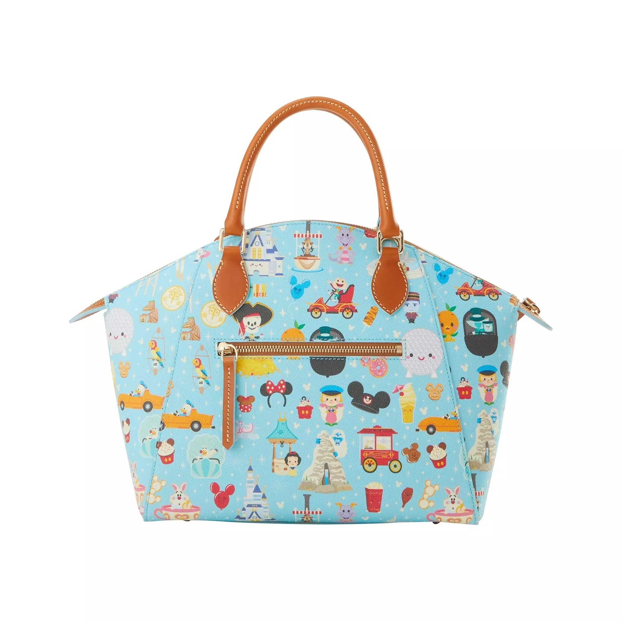 Maruyama's distinctive cute style brings to life various Disney Parks icons and characters against a blue background on both the satchel and wallet. Featured imagery from both coasts includes Spaceship Earth, a castle, the White Rabbit in a Mad Tea Party cup, Mr. Toad in his red car, Donald driving an Autopia car, Figment, Mickey balloons, Snow White and her wishing well, a Mickey donut, a turkey leg, Mickey Mouse Ice Cream Bar, pineapple swirl, and the Yeti with the Matterhorn.