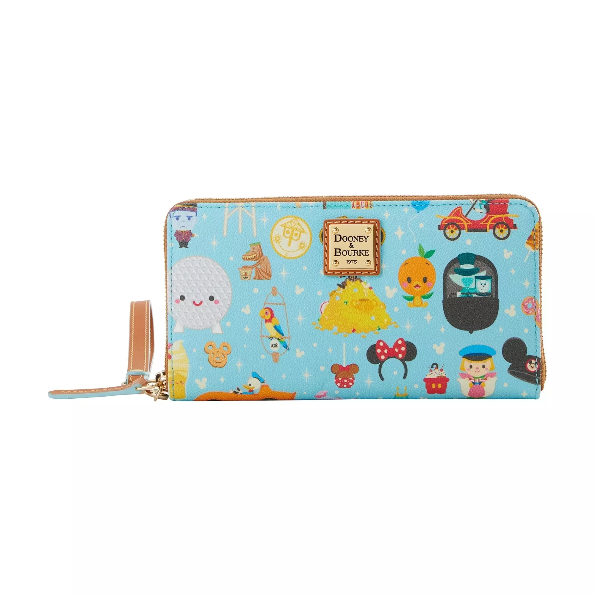 Maruyama's distinctive cute style brings to life various Disney Parks icons and characters against a blue background on both the satchel and wallet. Featured imagery from both coasts includes Spaceship Earth, a castle, the White Rabbit in a Mad Tea Party cup, Mr. Toad in his red car, Donald driving an Autopia car, Figment, Mickey balloons, Snow White and her wishing well, a Mickey donut, a turkey leg, Mickey Mouse Ice Cream Bar, pineapple swirl, and the Yeti with the Matterhorn.