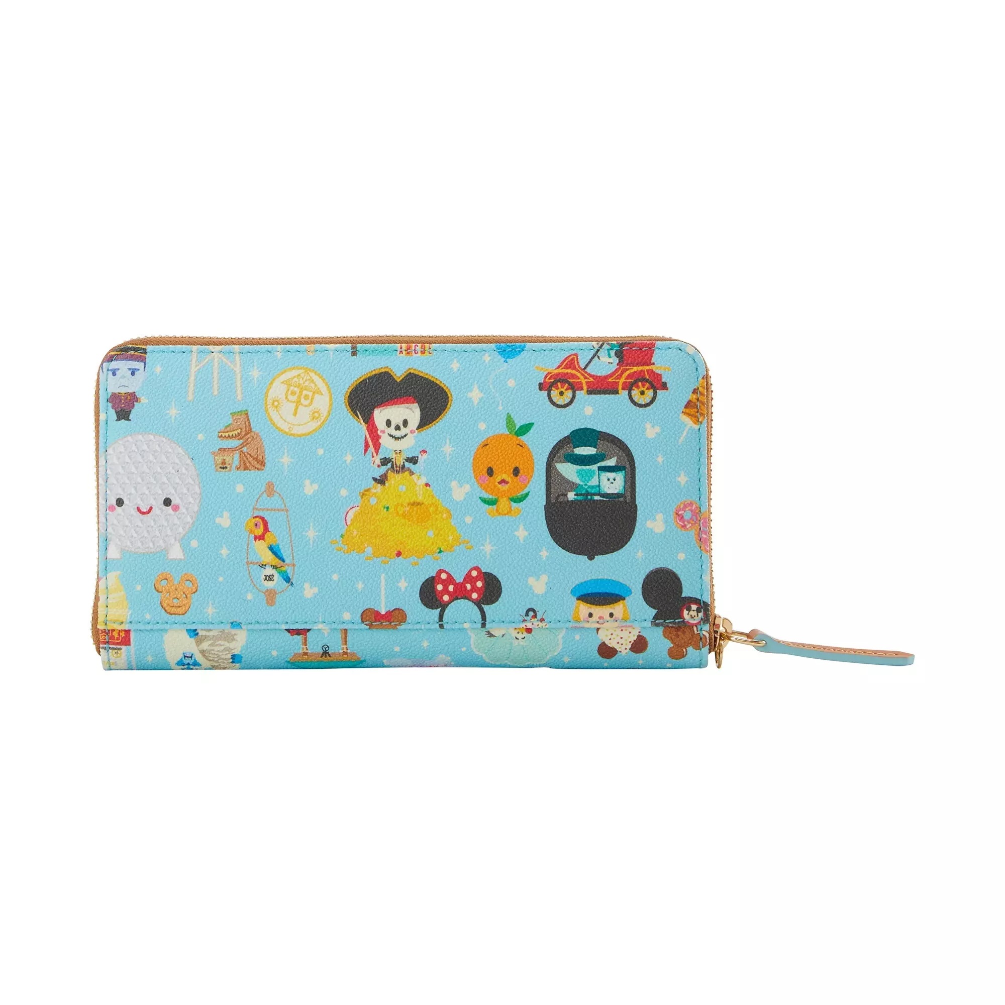 Maruyama's distinctive cute style brings to life various Disney Parks icons and characters against a blue background on both the satchel and wallet. Featured imagery from both coasts includes Spaceship Earth, a castle, the White Rabbit in a Mad Tea Party cup, Mr. Toad in his red car, Donald driving an Autopia car, Figment, Mickey balloons, Snow White and her wishing well, a Mickey donut, a turkey leg, Mickey Mouse Ice Cream Bar, pineapple swirl, and the Yeti with the Matterhorn.