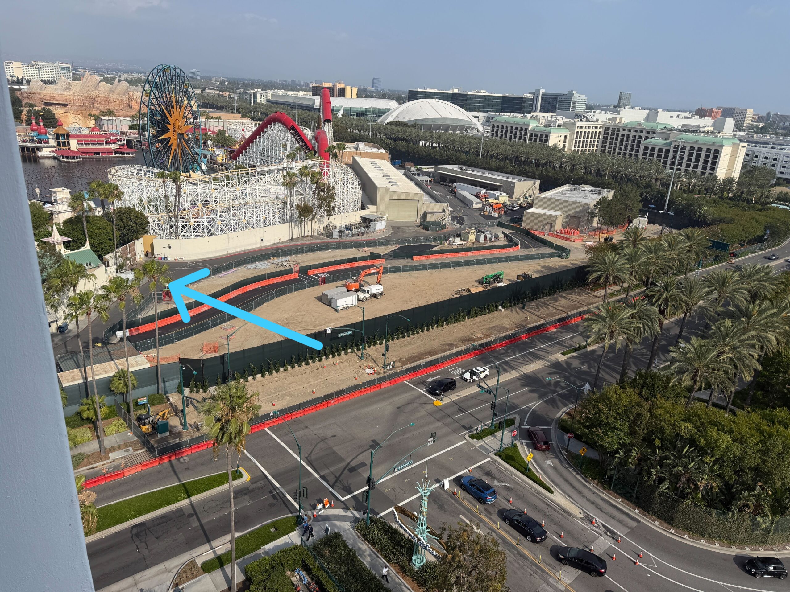 The work is happening in the area near the Incredicoaster, as shown by the blue arrow in this overhead view we got of the Coco attraction construction site on May 18.
