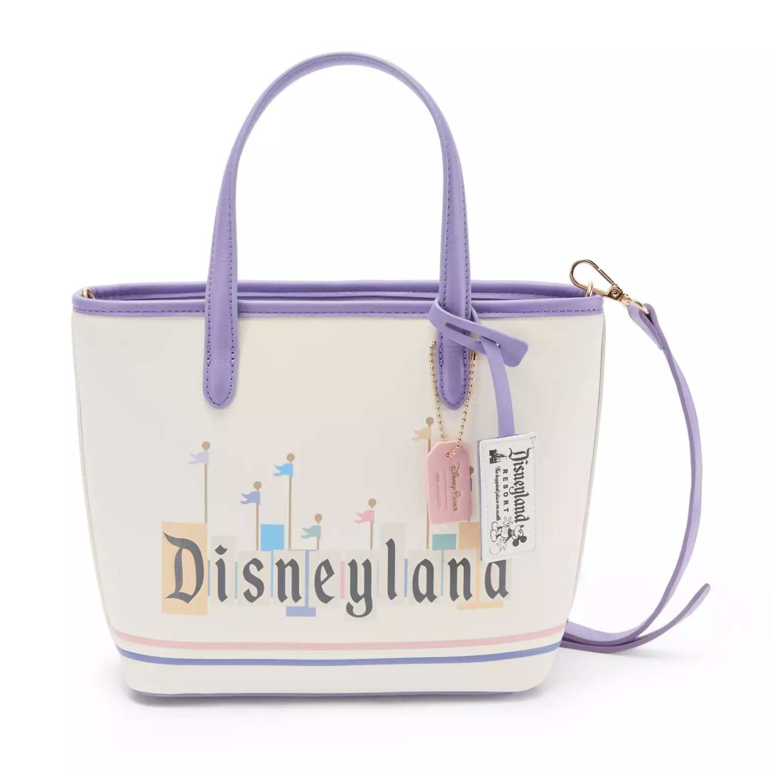 This bag is similar to the one above in a pastel purple and white tone. The hangtag is also still there, but with Disneyland theming instead. On the front is the colorful Disneyland marquee sign in muted, pastel colors.