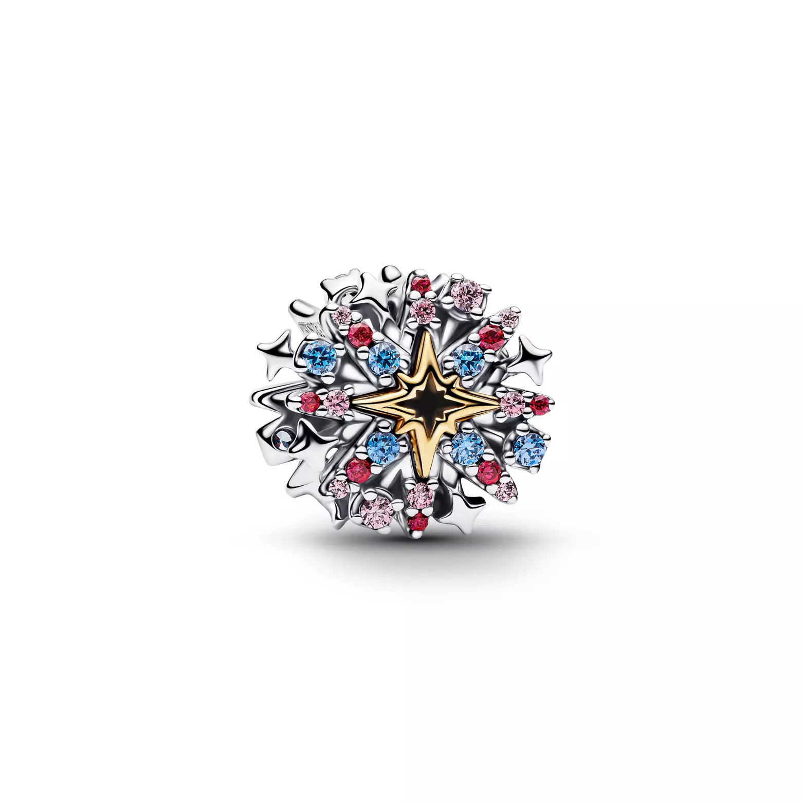 Made to look like an exploding firework, this charm centers a 14k gold-plated star that explodes into a sterling silver and multi-colored crystal show. The crystals are blue, pink, and red, coming out from every angle around the star.