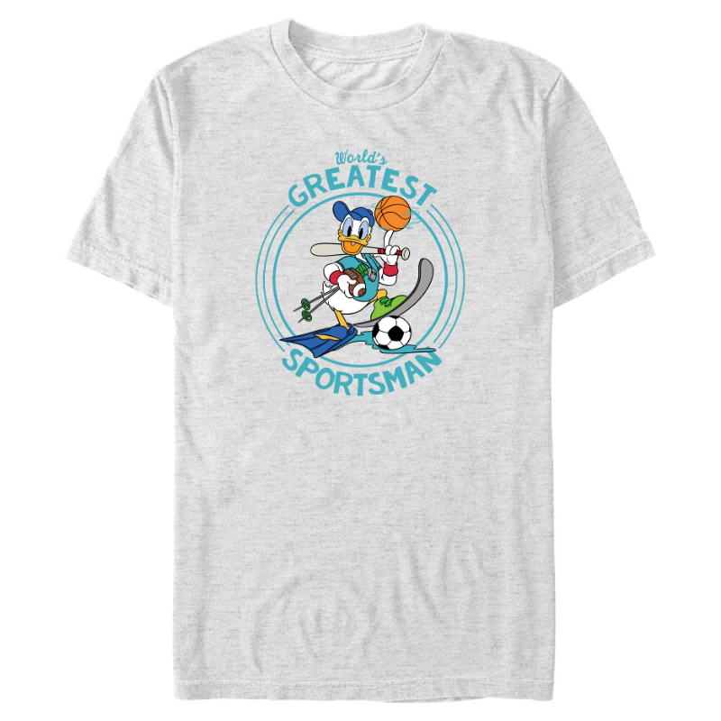 This shirt is a light heather grey and features Donald. He is standing with several pieces of sports equipment, such as a ski, a basketball, a soccer ball, and a baseball bat. Around him in teal, along with several circles, are the words "World's greatest sportsman."