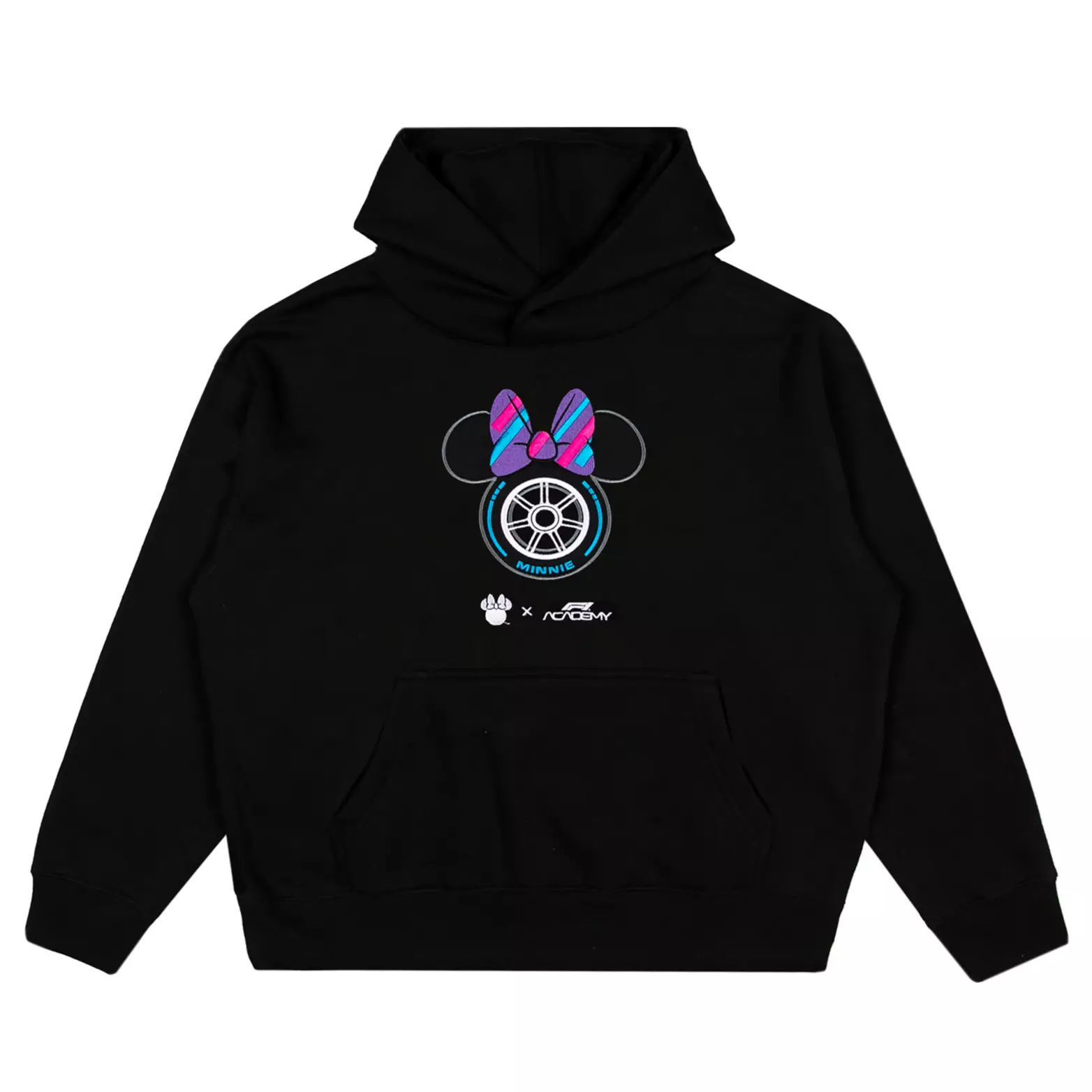 The bow and mouse-eared tire is at the center of this black pullover hoodie as well. While on the back, we see a cutesy Minnie in her racing gear holding a helmet beside the collection logo.