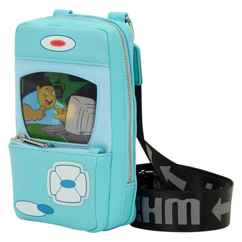 From another angle, the lenticular image changes to Wade at his computer. The middle pocket also has a zipper and opens behind the lenticular image.