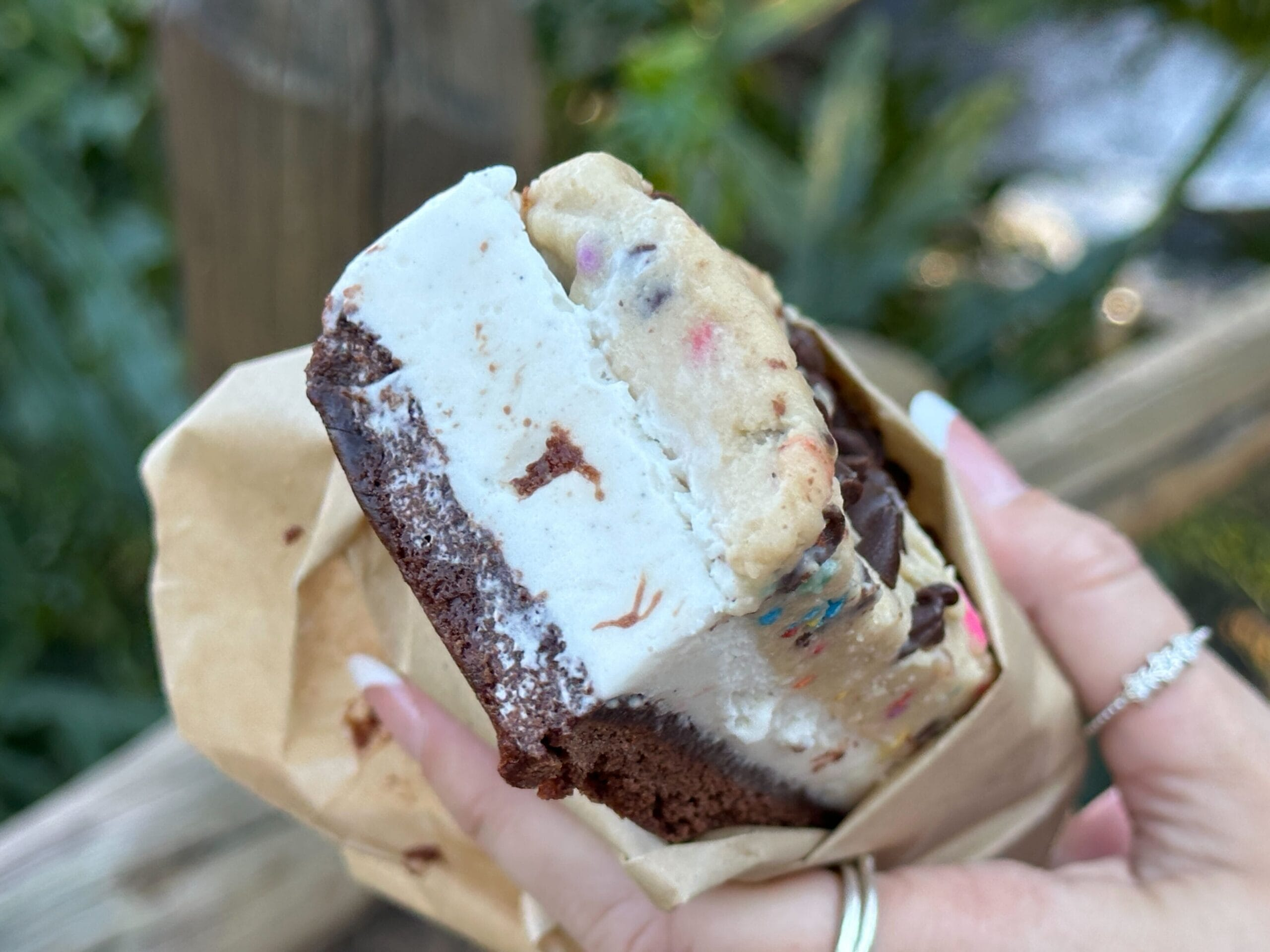 This is a brownie layered with vanilla ice cream and topped with chocolate chips and edible cookie dough, and let us tell you, the hype is real.