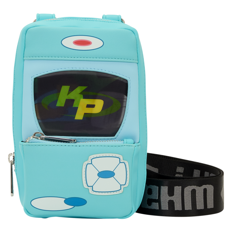 In the shape of Kim's cell phone, there is a tiny front zippered pocket beneath the lenticular, changing image screen. From one angle, the screen reads "KP" for "Kim Possible. The patch and graphics on the front pocket mimic the buttons and emblems on her phone.