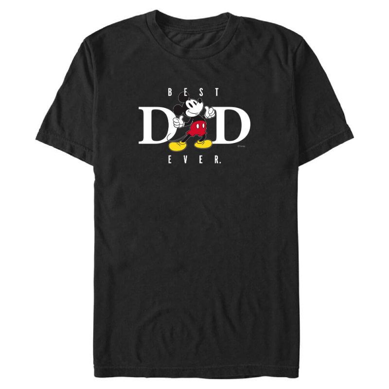 In black, this t-shirt has the words "BEST DAD EVER." on the front in white. Mickey is standing where the "A" in "DAD" should be. He is pointing two thumbs at himself.