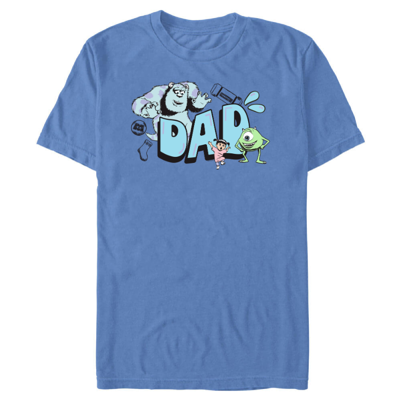 On a totally different track, this light blue shirt features Mike, Sulley, and Boo from Monsters, Inc. It says "Dad" in Sulley-esque blue and purple letters with black movie iconography around it.