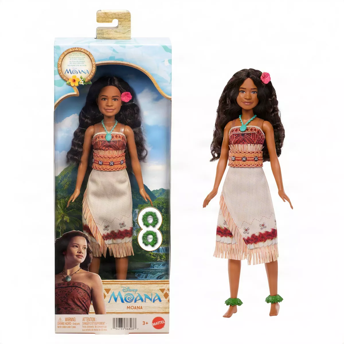 Aesthetically based on Catherine Lagaʻaia, who plays Moana in the live-action film, this doll shows Moana in her typical outfit. The villager outfit is removable, allowing her to swap clothes with other dolls. Her arms, legs, and neck are posable, though the doll cannot remain standing unassisted. This doll comes with five accessories: a necklace, a flower hair clip, a belt, and two grass anklets.