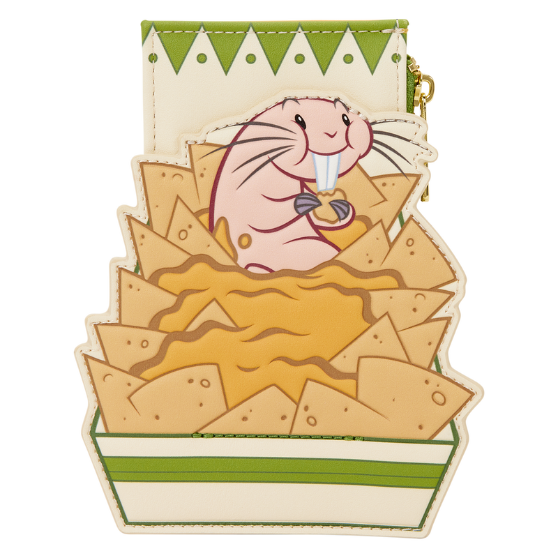 Rufus is belly deep in his favorite snack: nachos! Surrounded by a sea of nacho cheese and chips, Rufus can keep an eye on your cash and cards. The right side of the wallet has a zipper pocket for holding change and other small valuables.