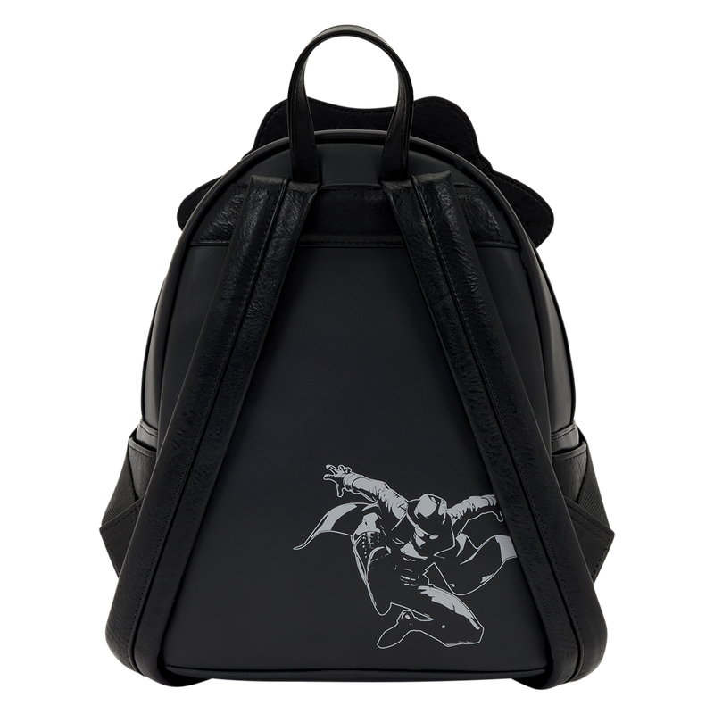 This backpack has two side pockets, a carrying handle, and two backpack straps. The back of the bag is plain, save for a white sketch of Spider-Man Noir jumping in the bottom righthand corner.