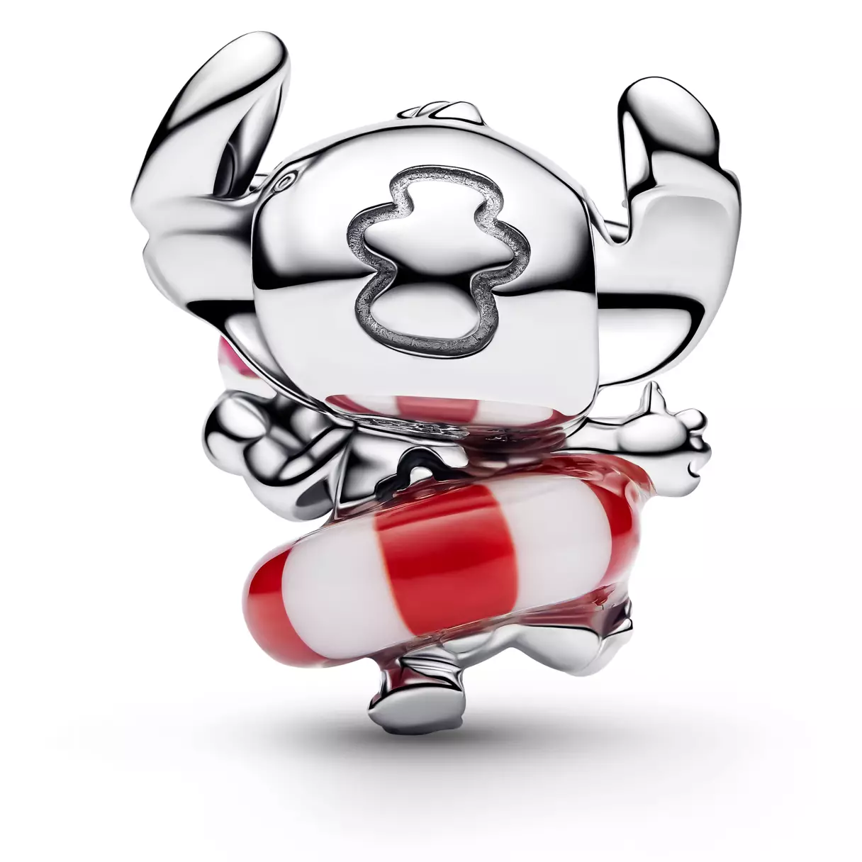 The back of the charm shows the back side of Stitch's head and body with the intertube around it.