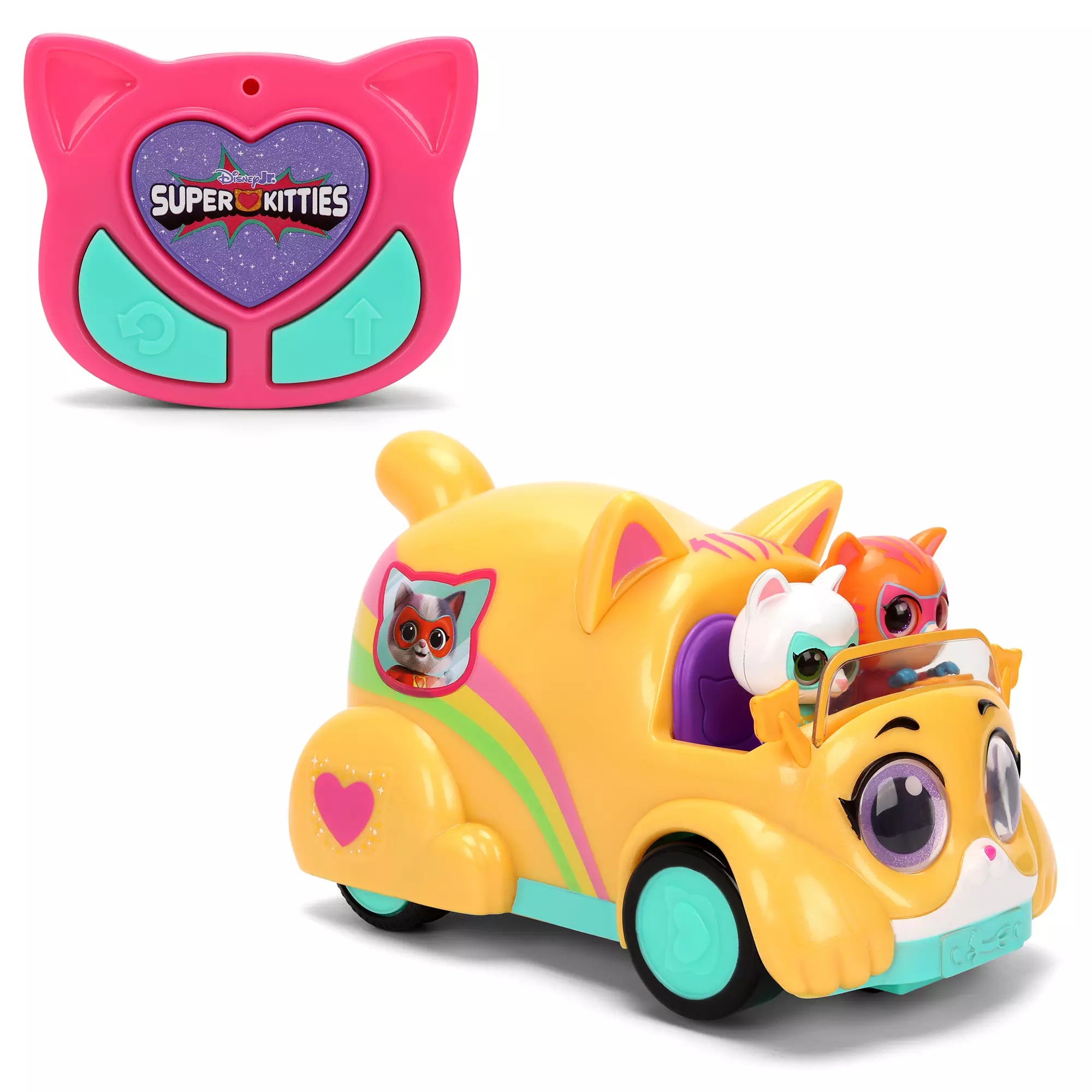 Ginny and Bitsy from SuperKitties are riding in this yellow vehicle with shimmering purple eyes. The vehicle is remote-controlled and plays both music and sound effects. This vehicle requires 3 AA batteries, which are included while the controller needs 2 AAA batteries that are also included.