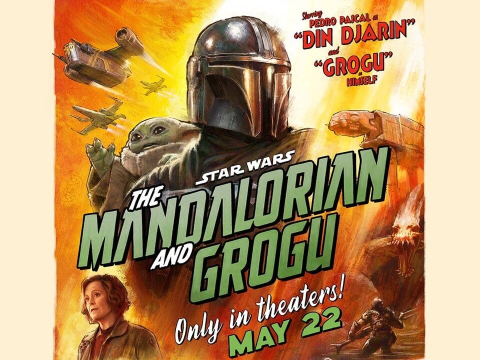 Retro-style Star Wars poster featuring The Mandalorian, Grogu, and thrilling action scenes from the galaxy.