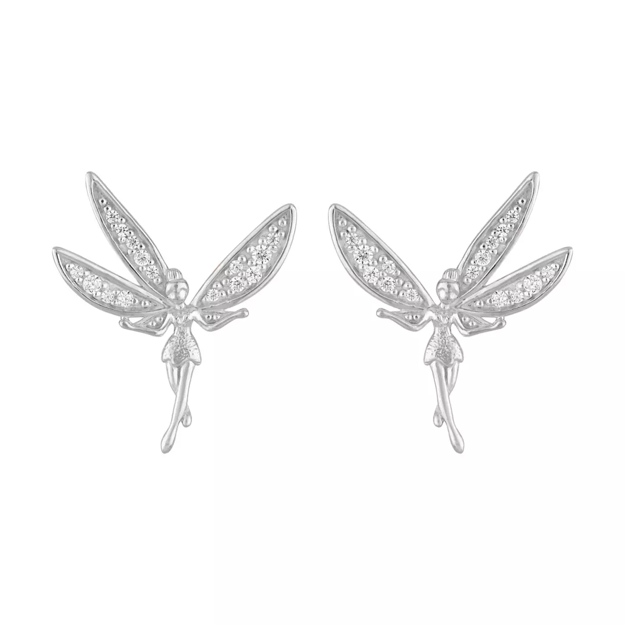 In sterling silver with cubic zirconia accents, these figural earrings show Tinker Bell with her wings fully out, as if she is landing. The earrings come with a one-year, limited warranty and are treated with electroplating to prevent tarnishing.