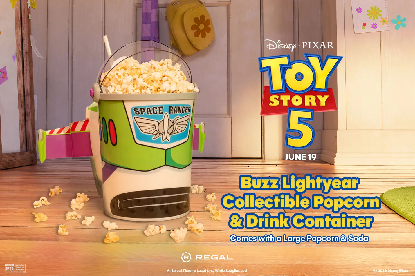 Regal Theaters Toy Story 5 concession food and collectibles.
