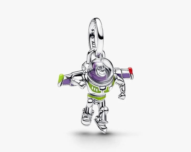 The Buzz charm is sterling silver and enamel with UV resin to add a glossy finish. He's a dangle charm hanging from a silver ring.