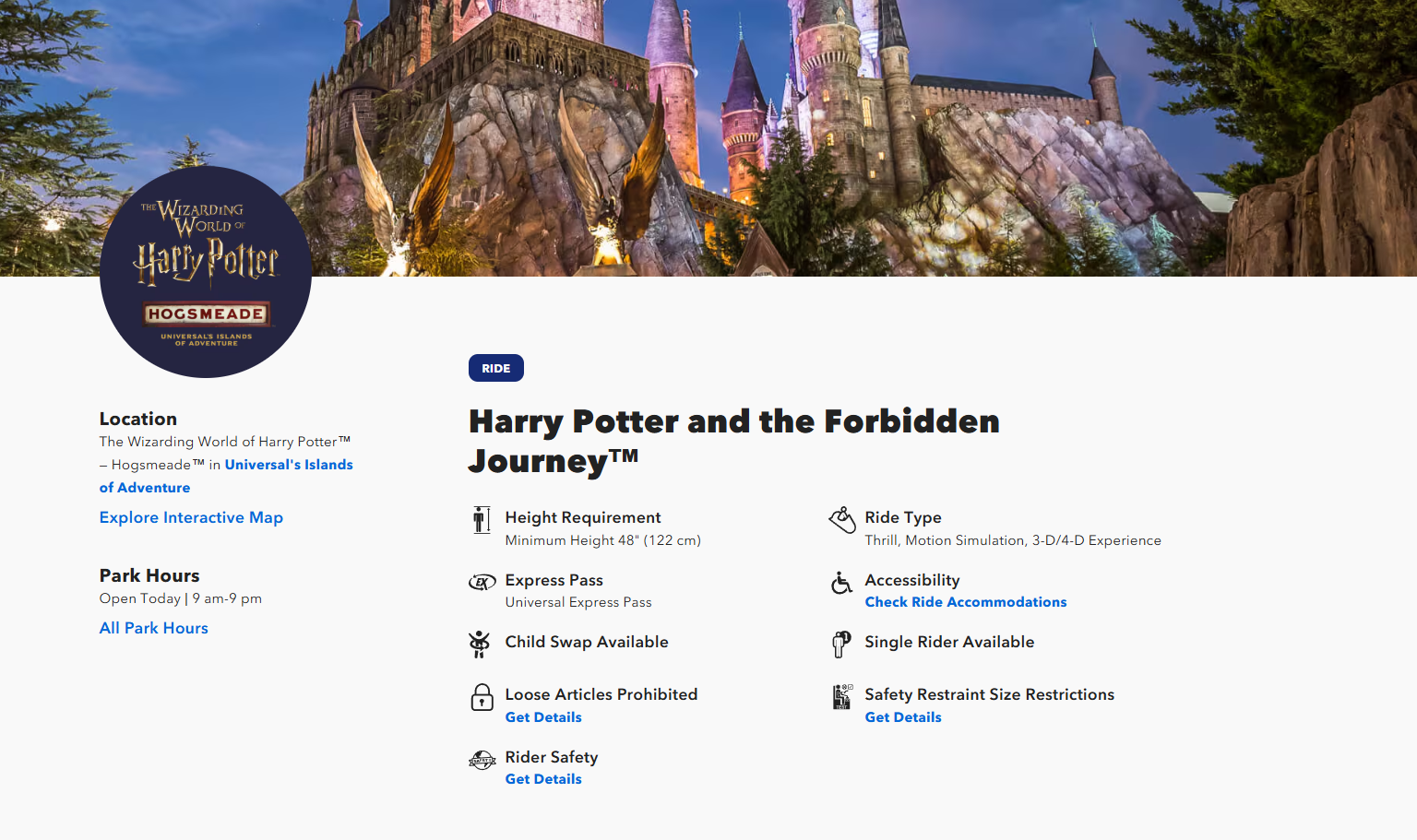 In comparison, the page for Harry Potter and the Forbidden Journey continues to list Express Pass in the details section about the ride.
