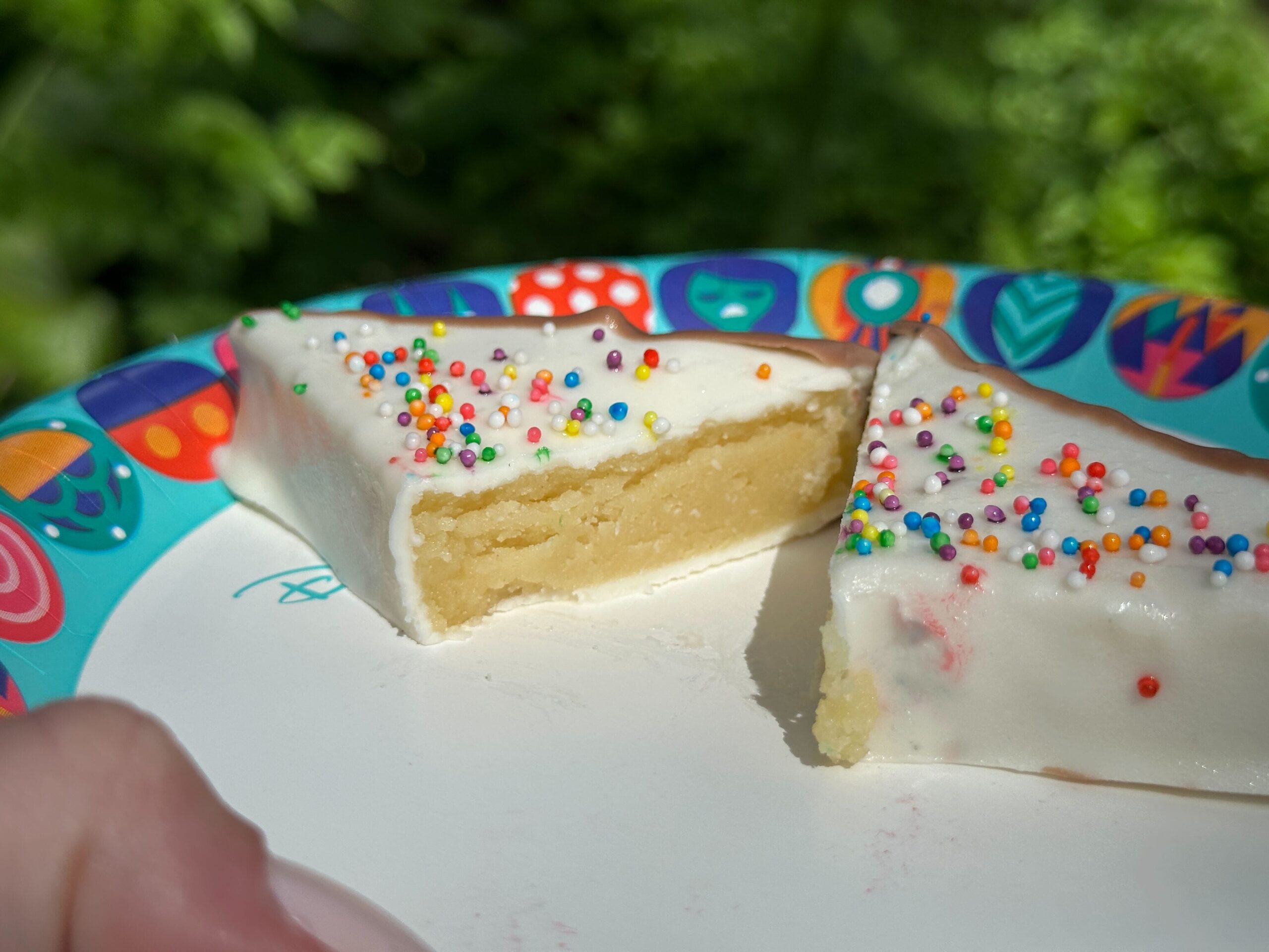Vanilla Birthday Cake dipped in White Chocolate and Rainbow Sprinkles with Raspberry Dipping Sauce